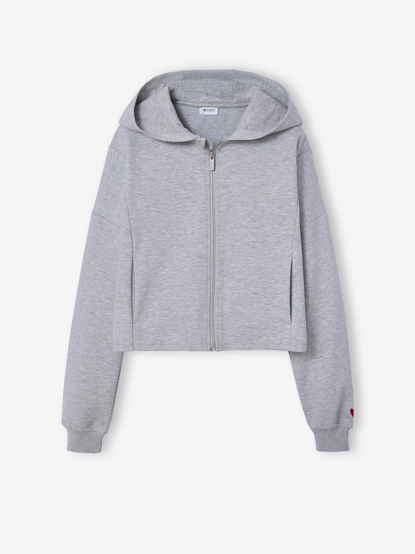 Korte sweater met rits en capuchon voor meisjes JONEN gemêleerd grijs afbeelding