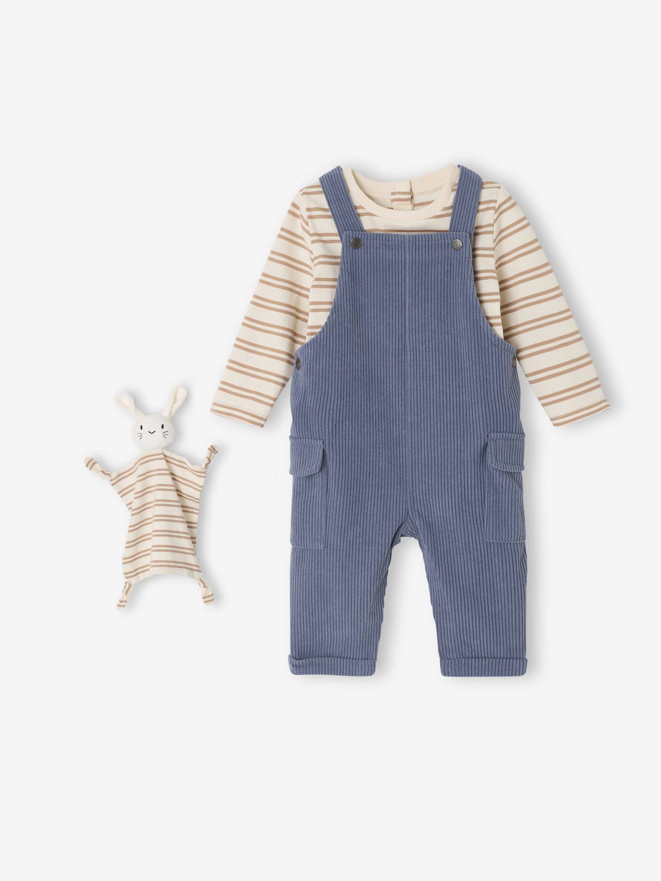 Babyset met T-shirt met lange mouwen + salopet + knuffel grijsblauw afbeelding