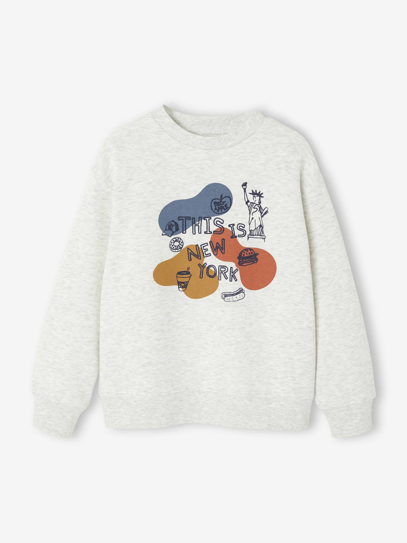 Sweater met ronde hals en geplaatste print voor jongens gemêleerd beige afbeelding