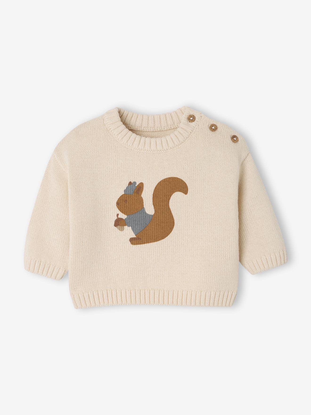 Trui voor pasgeborenen in jacquard met print Eekhoorn ecru afbeelding