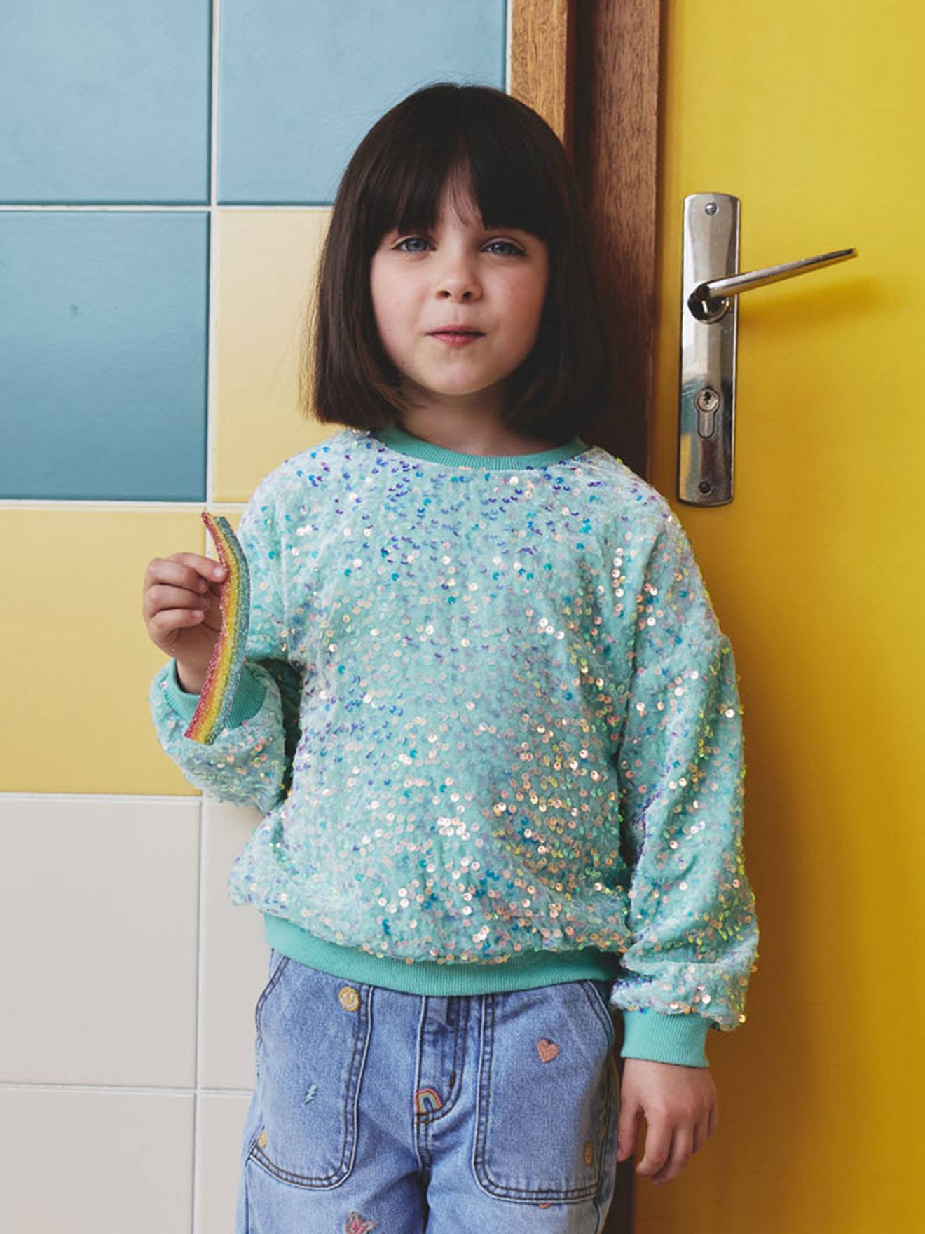 Sweater met pailletten voor meisjes turquoiseblauw afbeelding