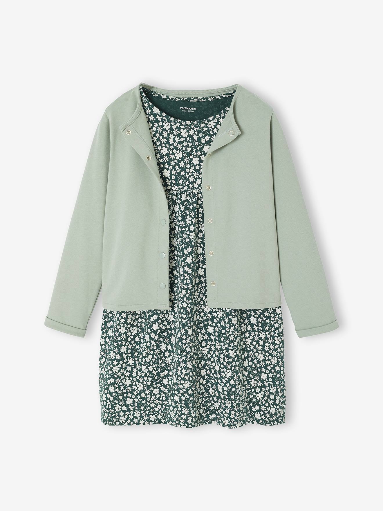 Set met vest en bloemenjurk meisje groengrijs afbeelding