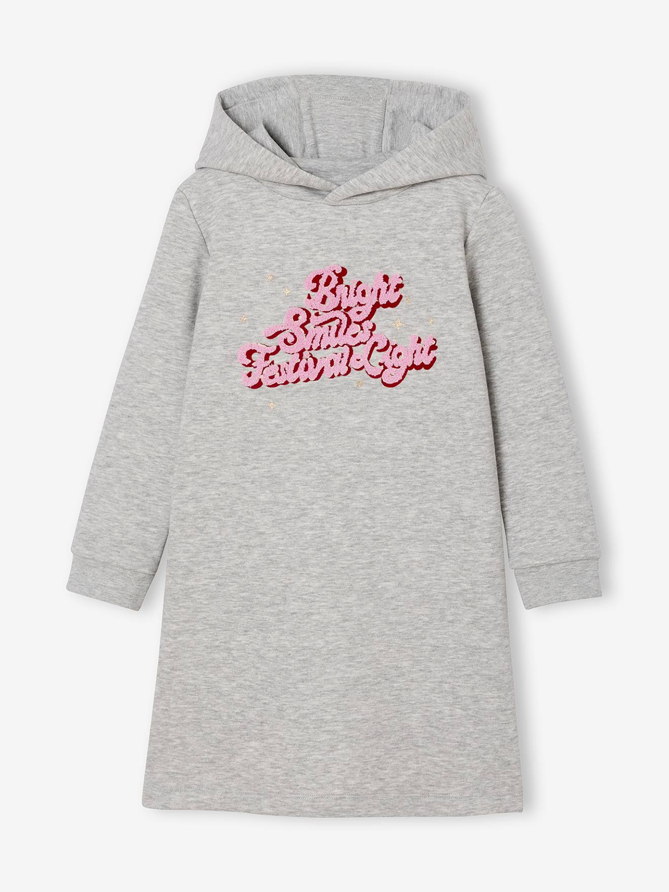 Meisjesjurk van sweatstof met capuchon en mooie details gemêleerd grijs afbeelding