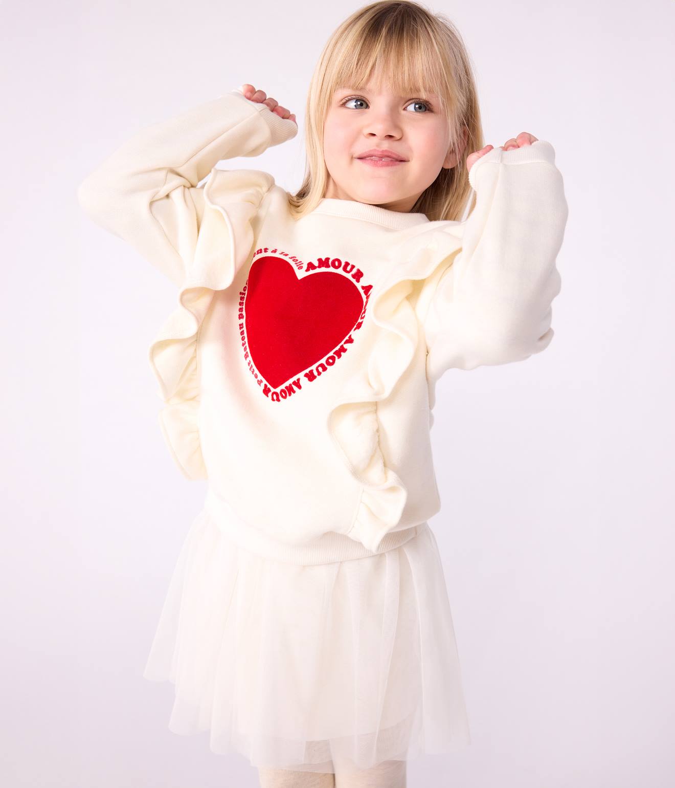Sweater voor meisjes van bedrukt katoen met ruches PETIT BATEAU ecru afbeelding