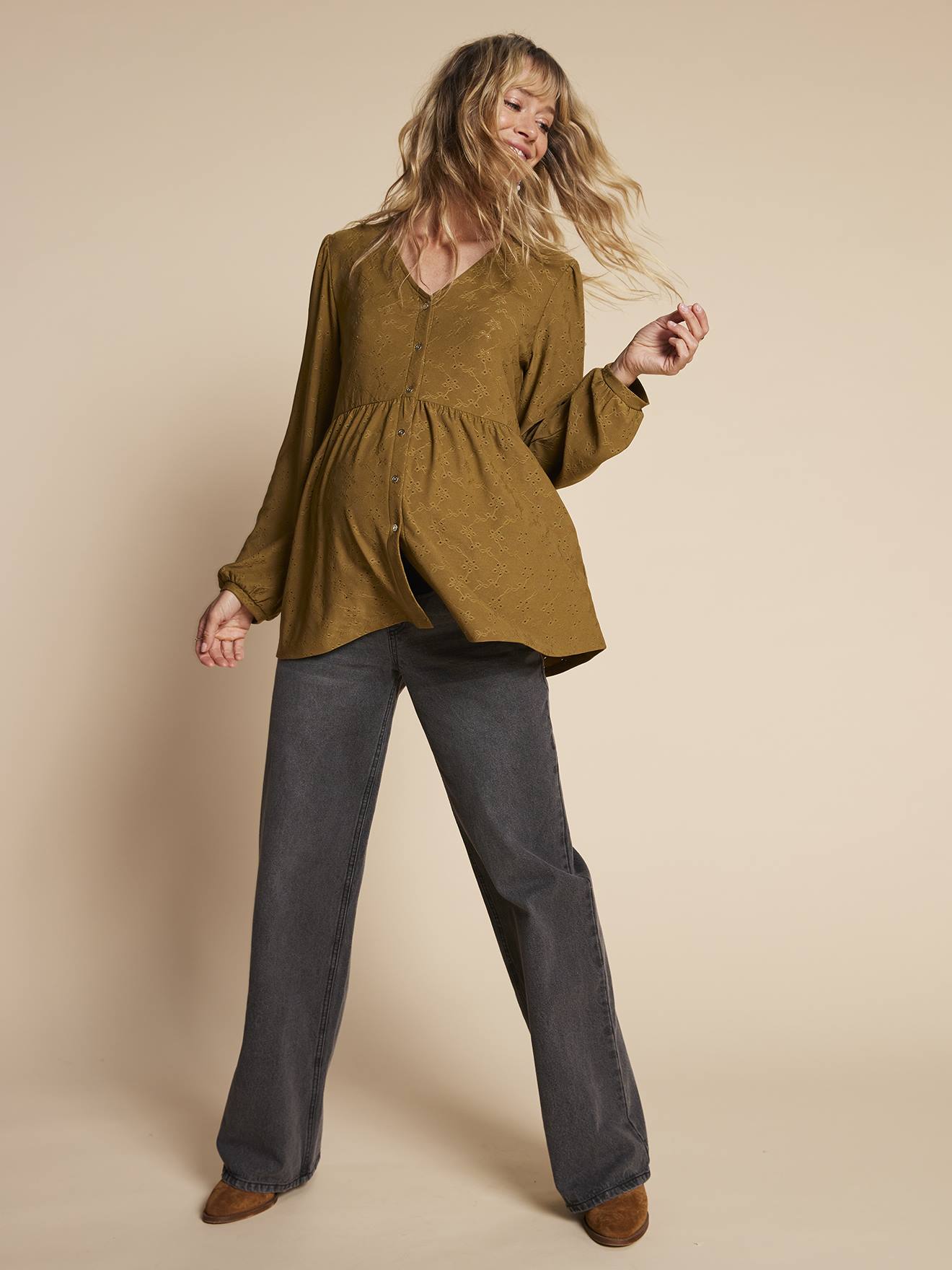 KOJOOIN Dames borstvoedingsshirt zwangerschapsshirt V-hals zwangerschapsshirt lange mouwen verstikking tops met riem zwangerschapsmode Donkergroen (Lange mouw) XXL