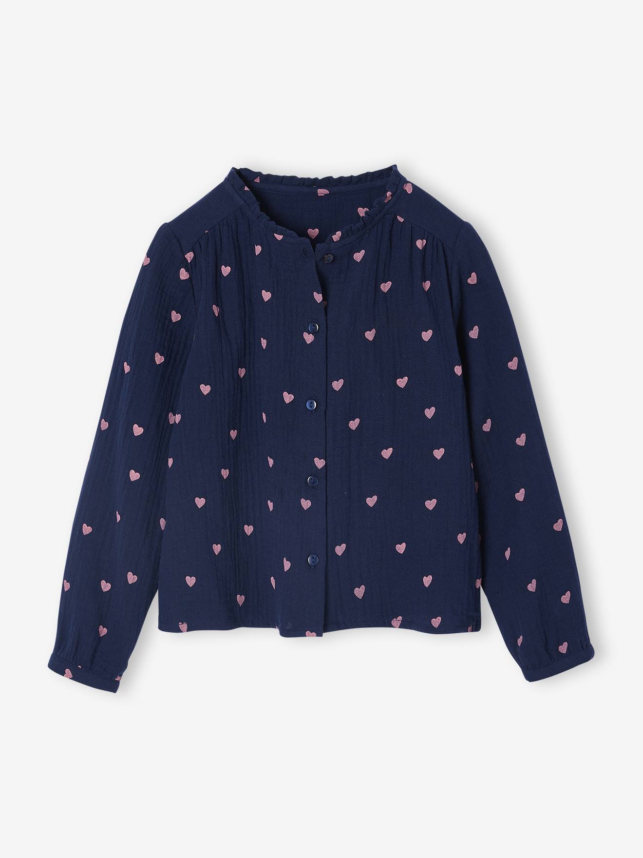 Personaliseerbare meisjesblouse van katoenen gaas marineblauw afbeelding