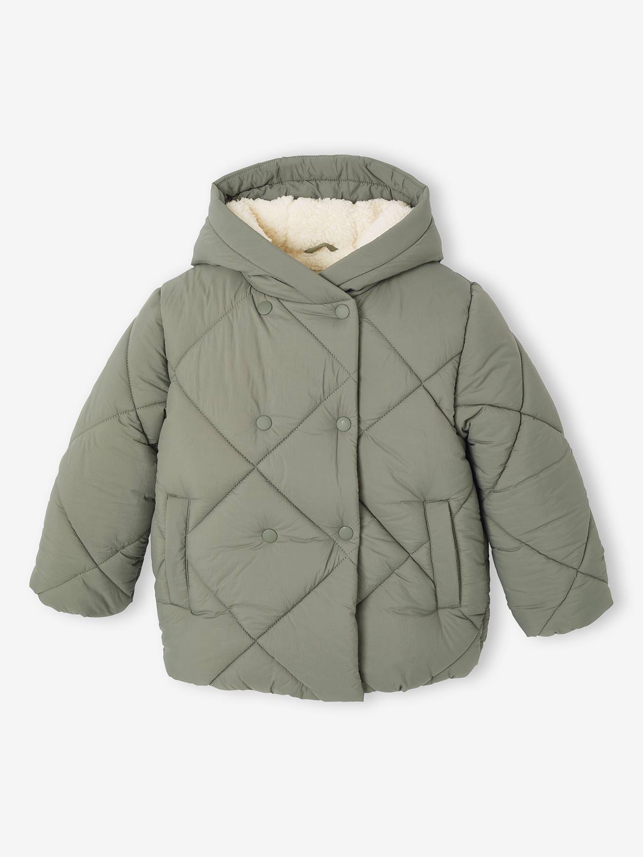 Donsjack met capuchon voor meisjes met sherpa voering groen afbeelding