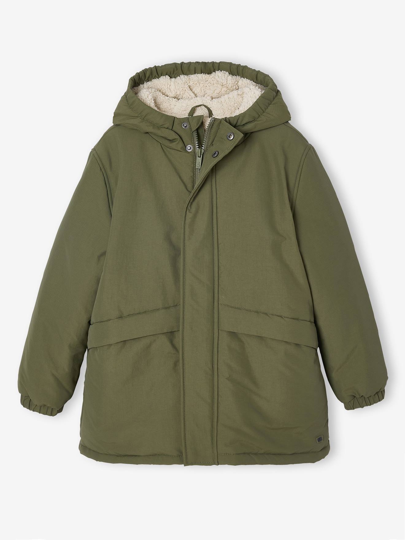 Parka met capuchon en sherpavoering voor jongens kaki afbeelding