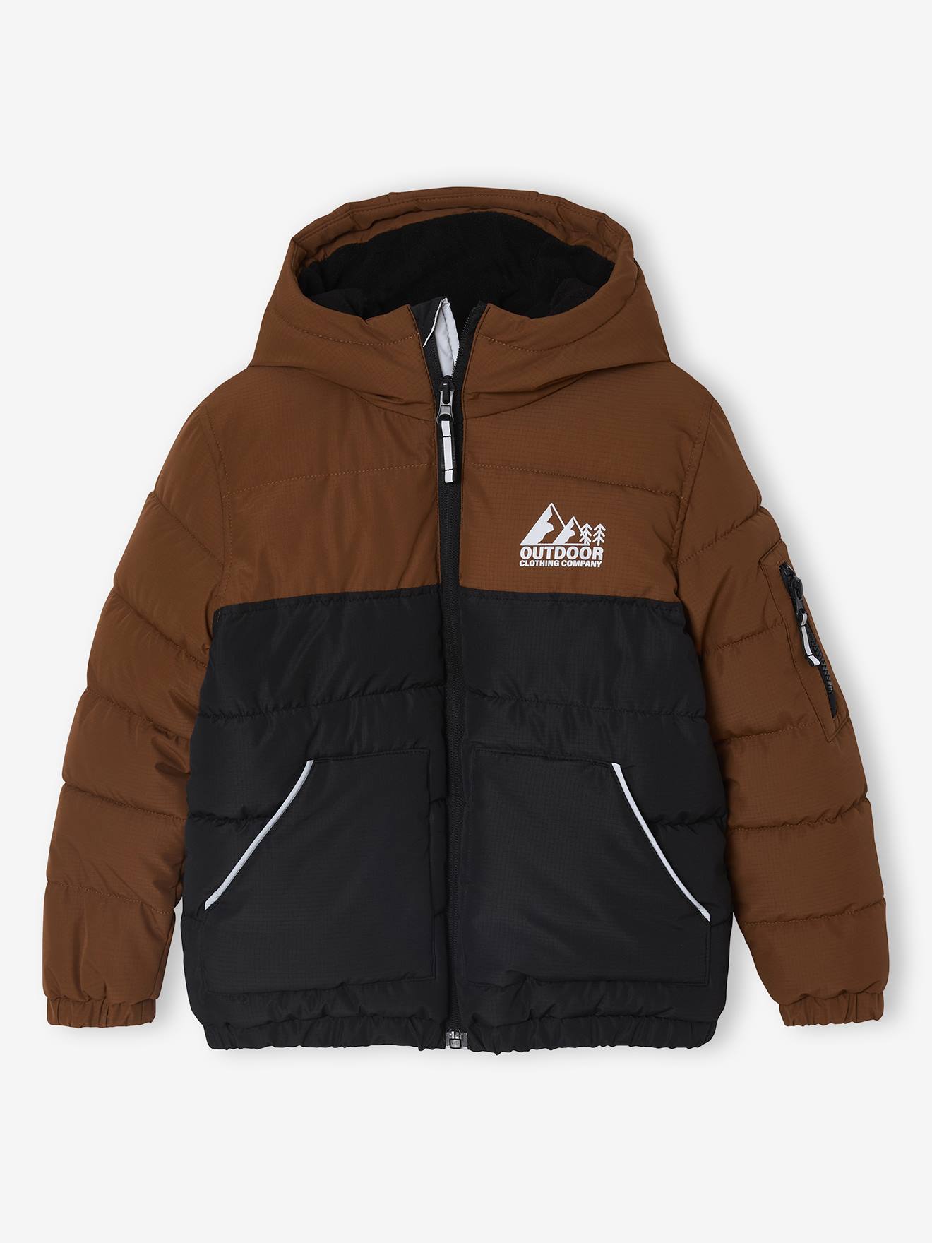 Tweekleurig jongensjack met kap en gerecyclede polyester vulling bruin afbeelding