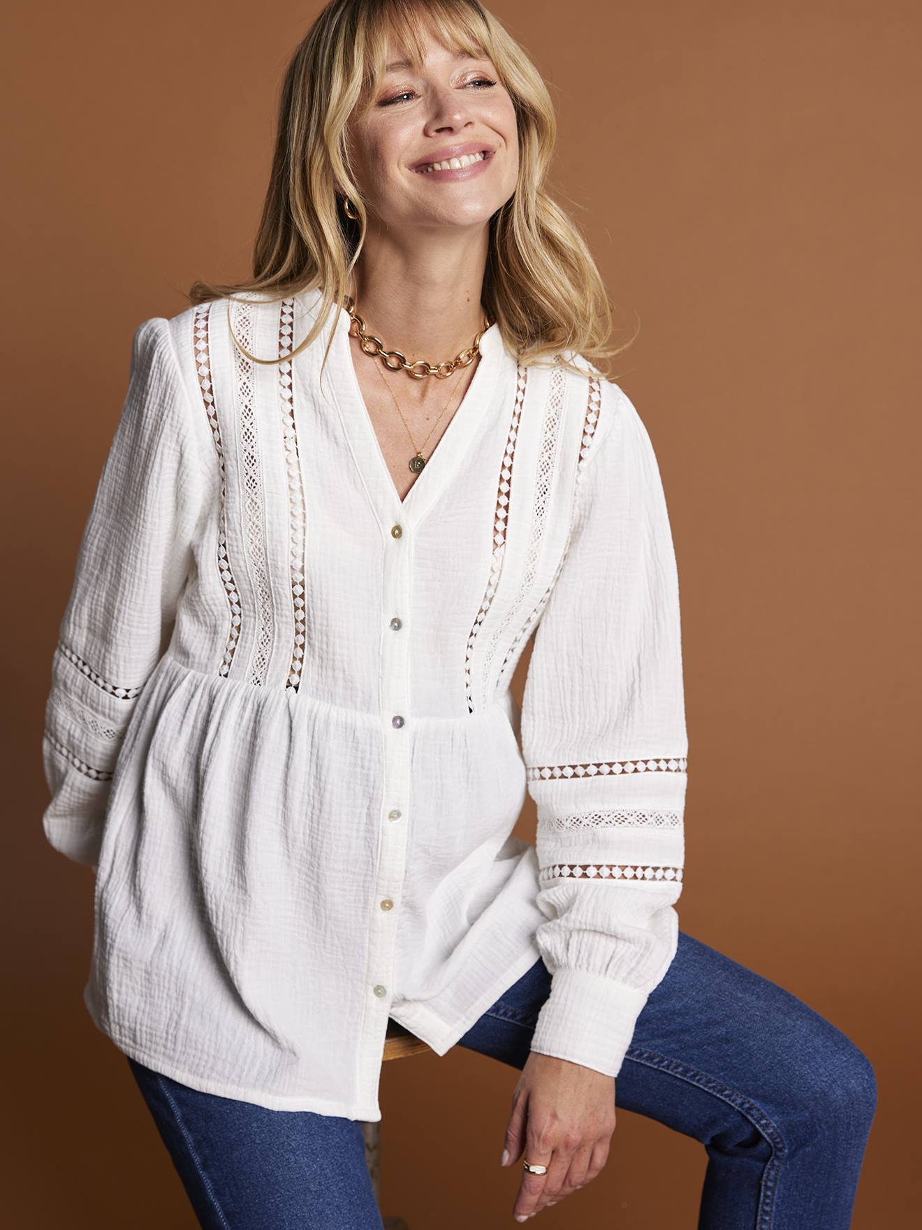 Zwangerschaps- en borstvoedingsblouse in macramé kant ENVIE DE FRAISE wit afbeelding