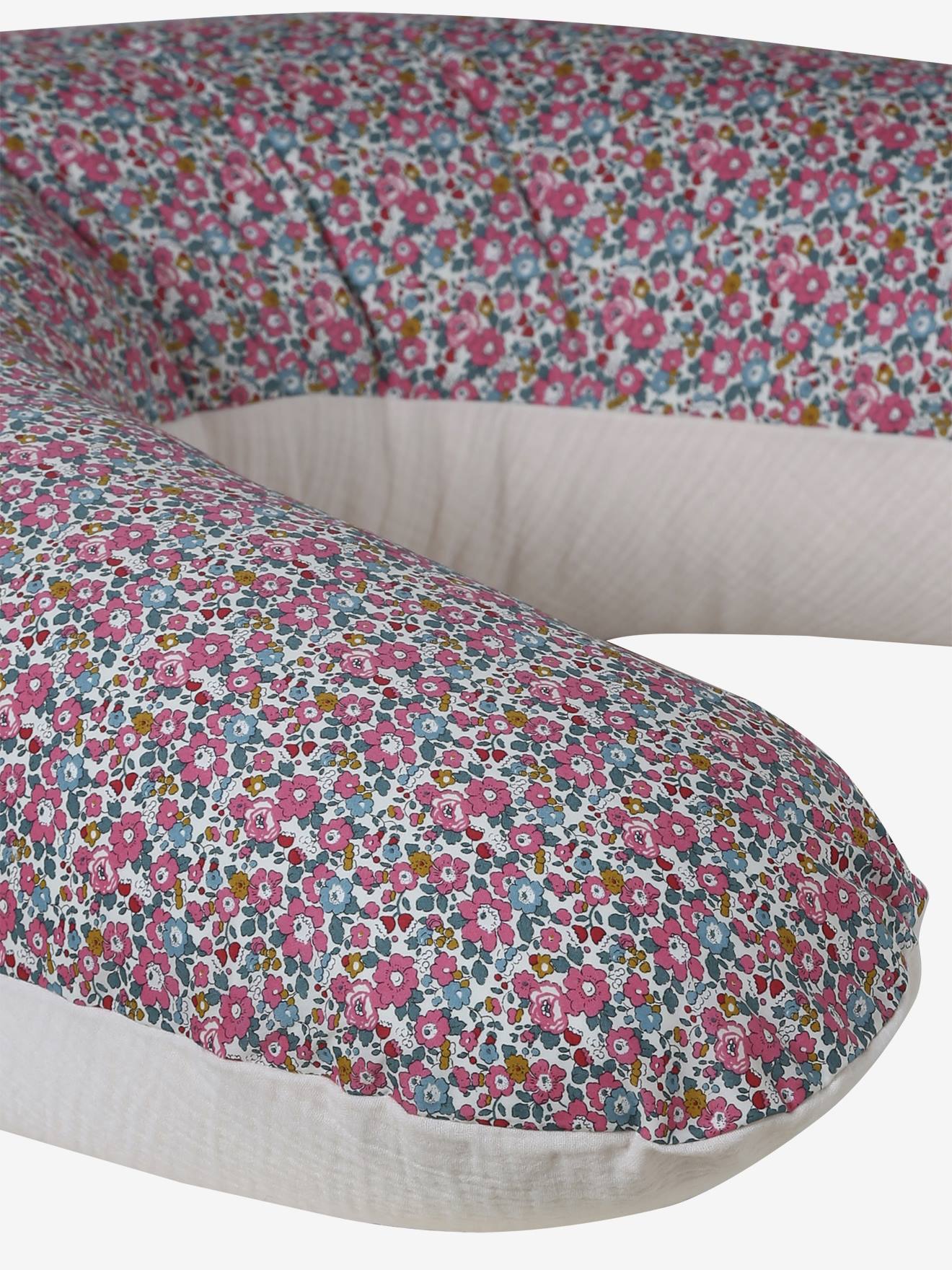 Borstvoedingskussen en hoes van katoenen hydrofiel en Liberty ENVIE DE FRAISE lichtroze