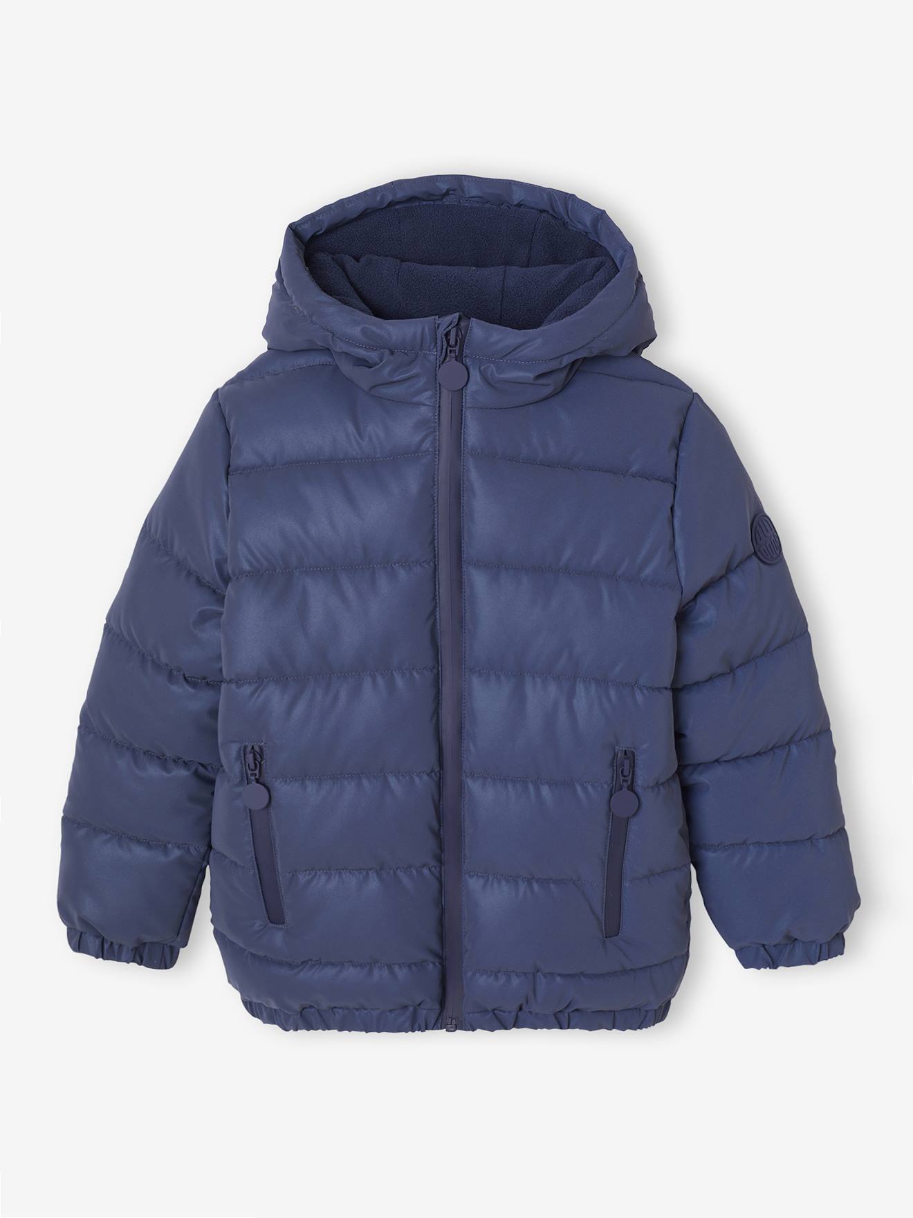 Fleecegevoerde jongensjas met capuchon, reflecterend effect en vulling van gerecyclede vezels marineblauw afbeelding