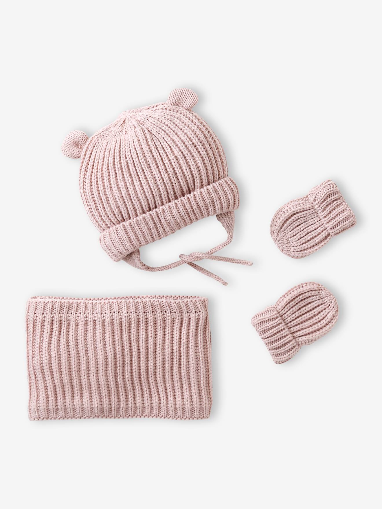 Babyset muts, snood en wanten baby lichtroze