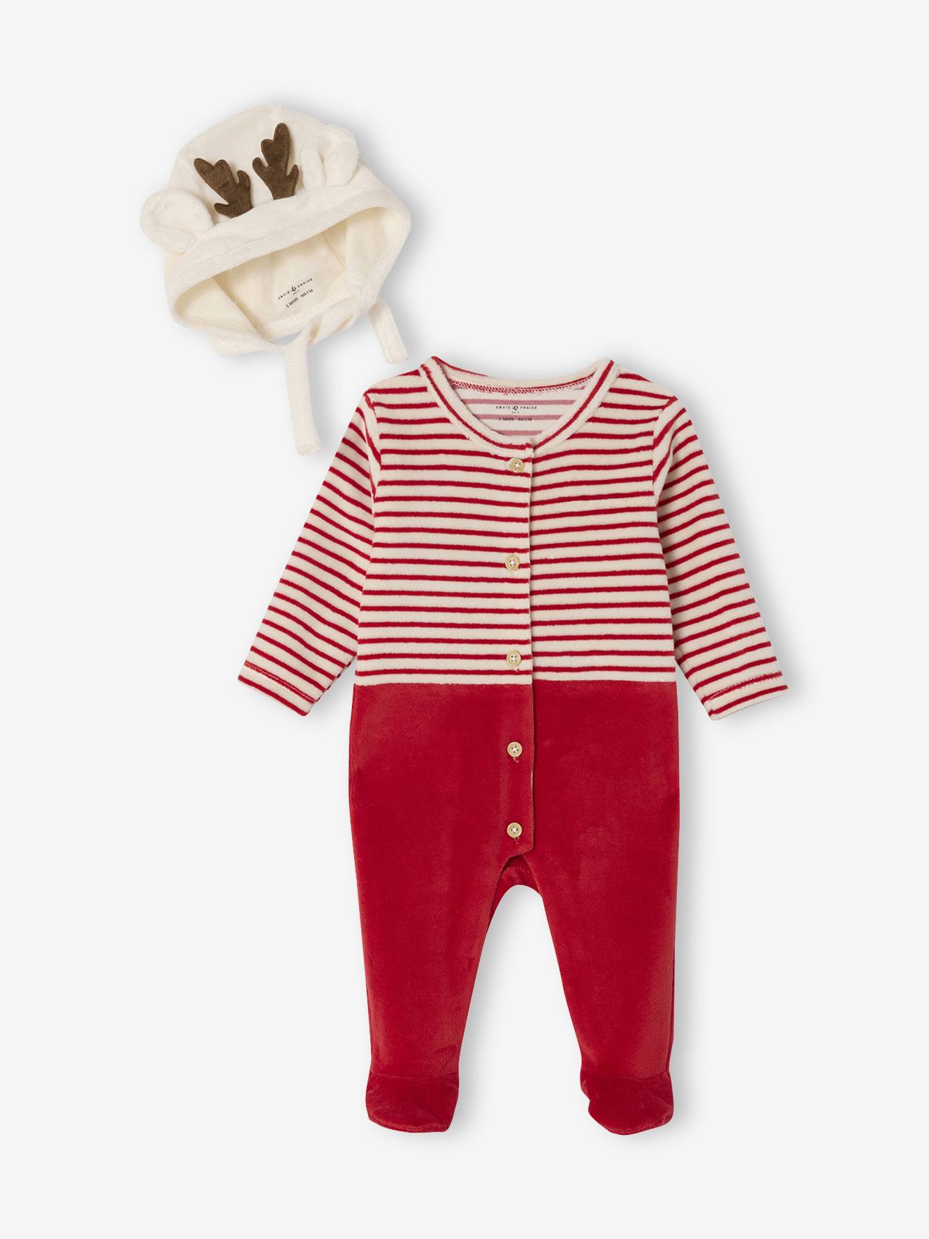 Kerstpyjama en muts baby in fluweel / velours ENVIE DE FRAISE, personaliseerbaar rood afbeelding