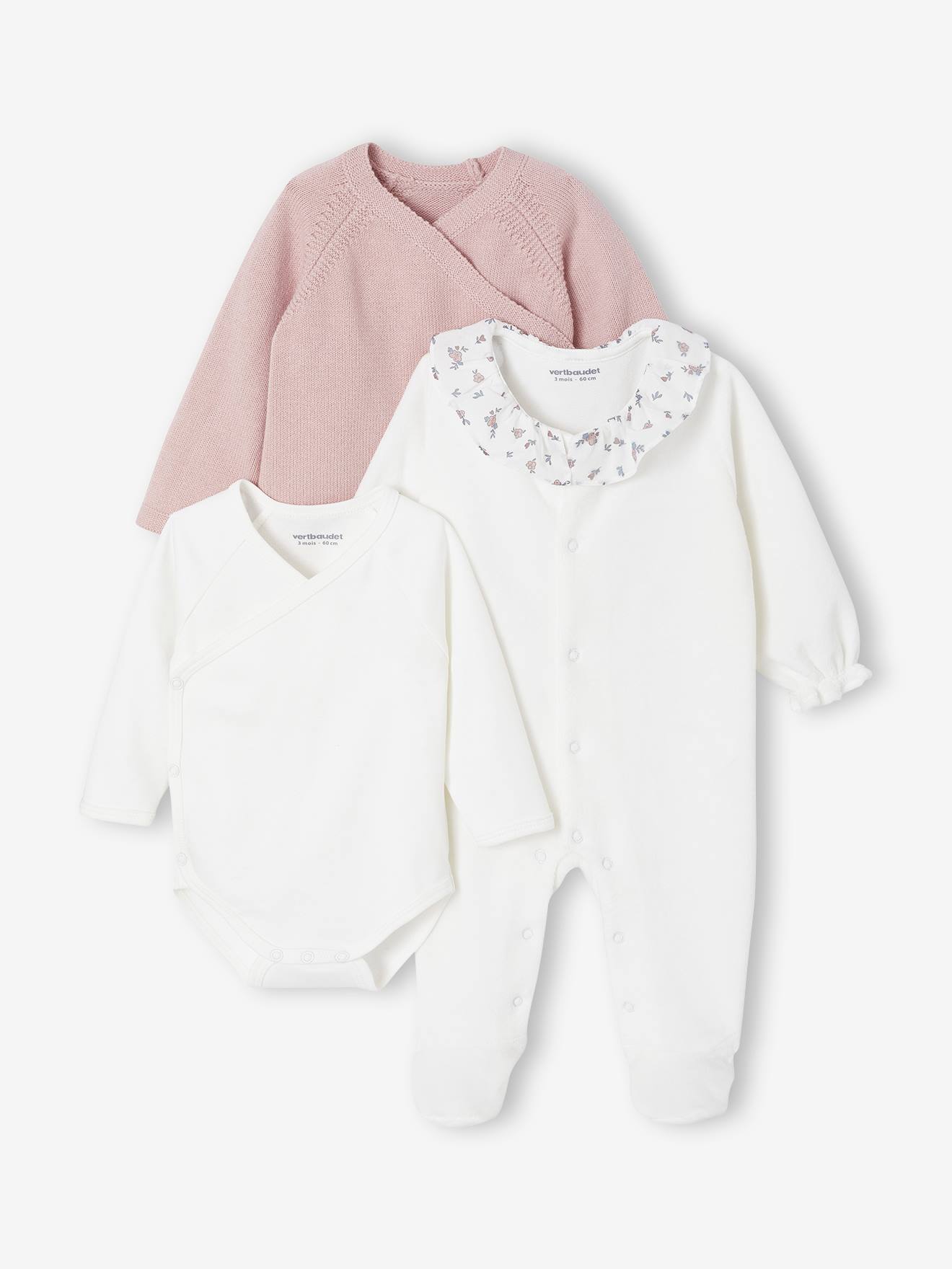 Babypakje 3-delige set in effen tricot vestje + babyslaappakje + body rozen afbeelding