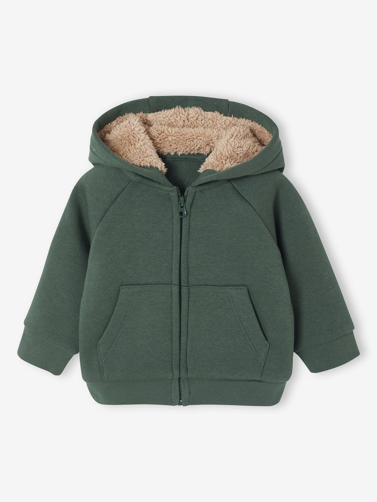 Baby vestje van fleece met rits en gevoerde capuchon dennen afbeelding