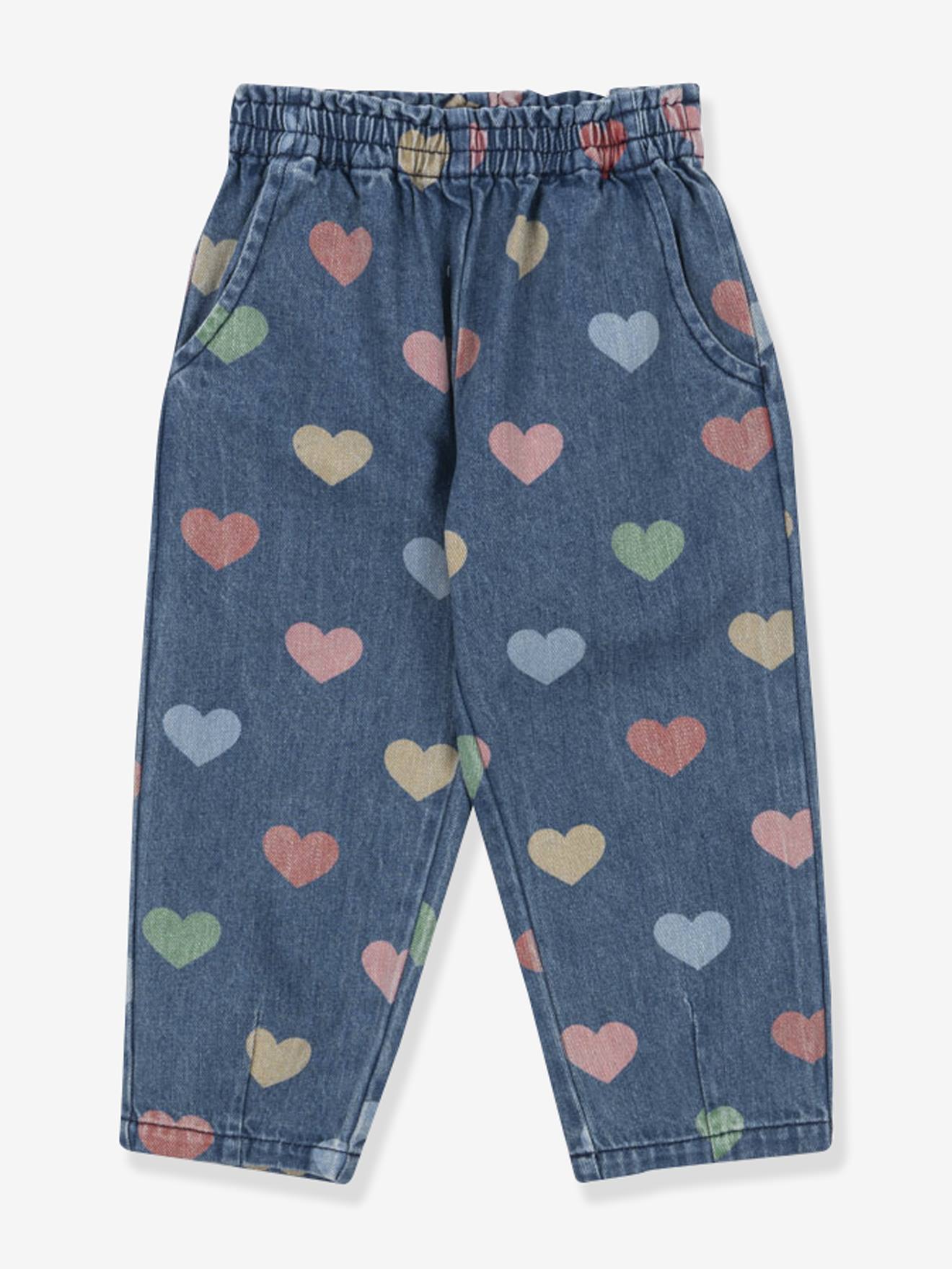 Broek van soepel denim met hartjesmotieven voor meisjes blauw afbeelding