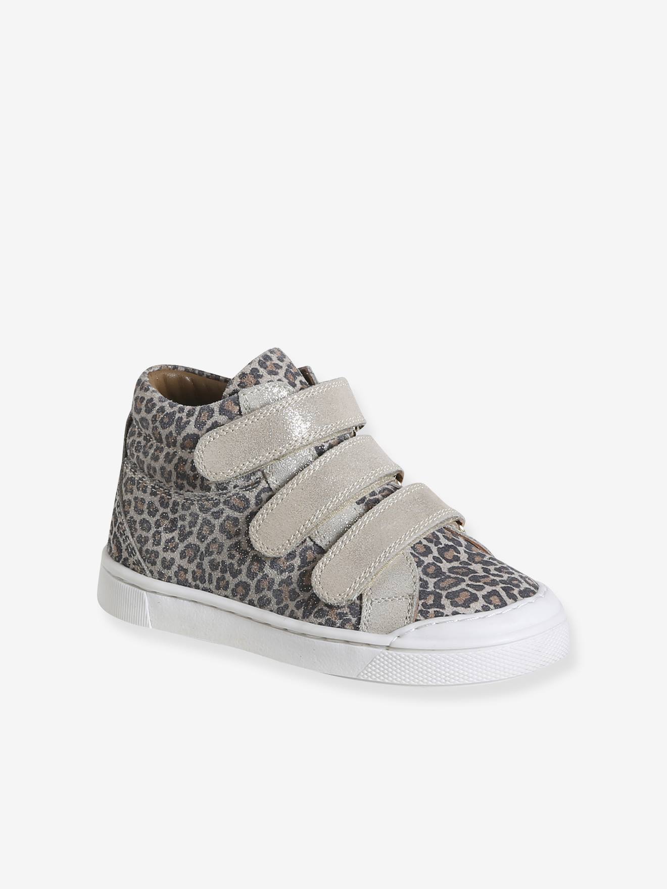 Leren MID-sneakers met klittenband, kleutercollectie meisjes beige, bedrukt afbeelding