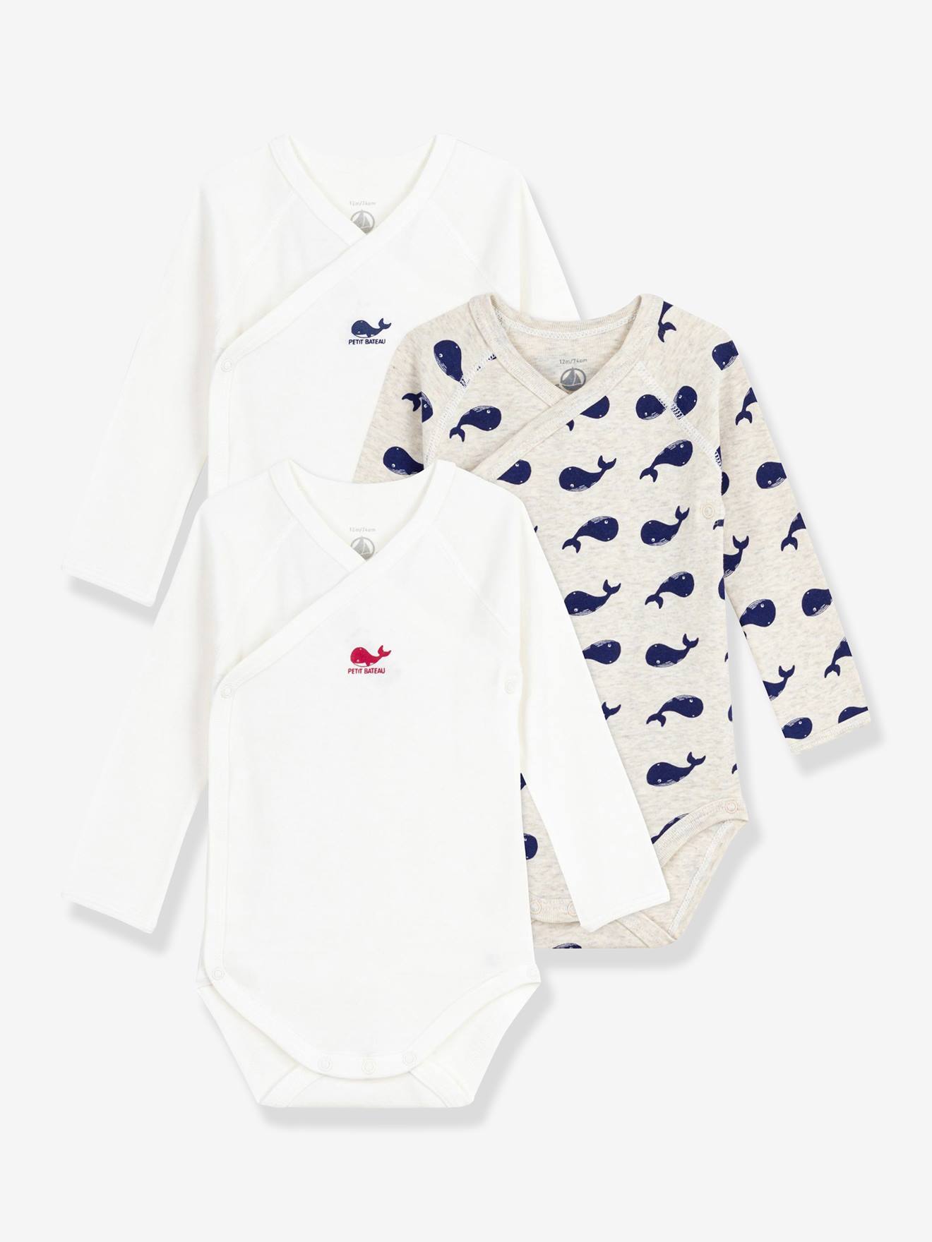 Set van 3 overslag body's met lange mouwen en print baby PETIT BATEAU wit afbeelding