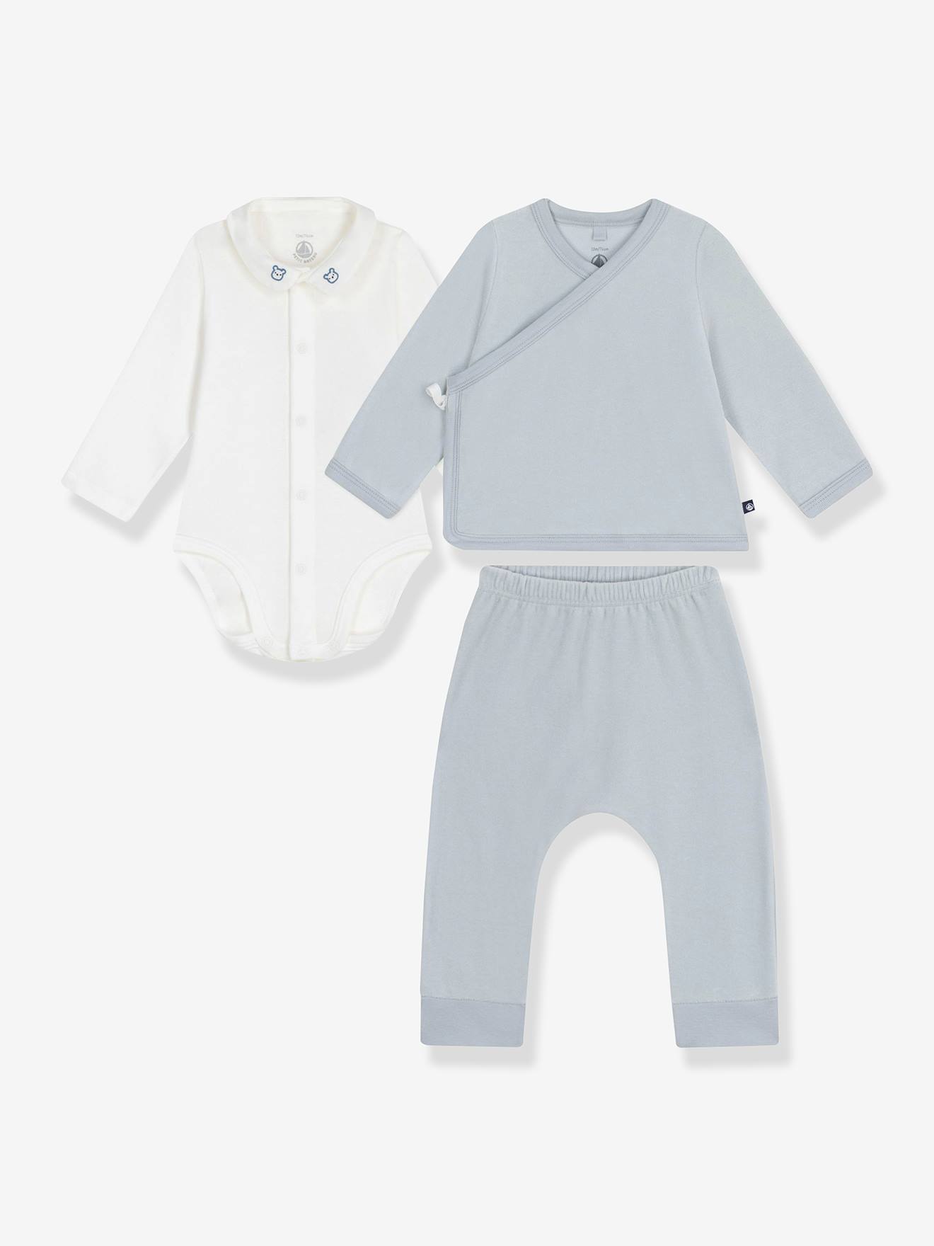 2-delige baby cadeau set in fluweel / velours en body met PETIT BATEAU geborduurde beer wit afbeelding