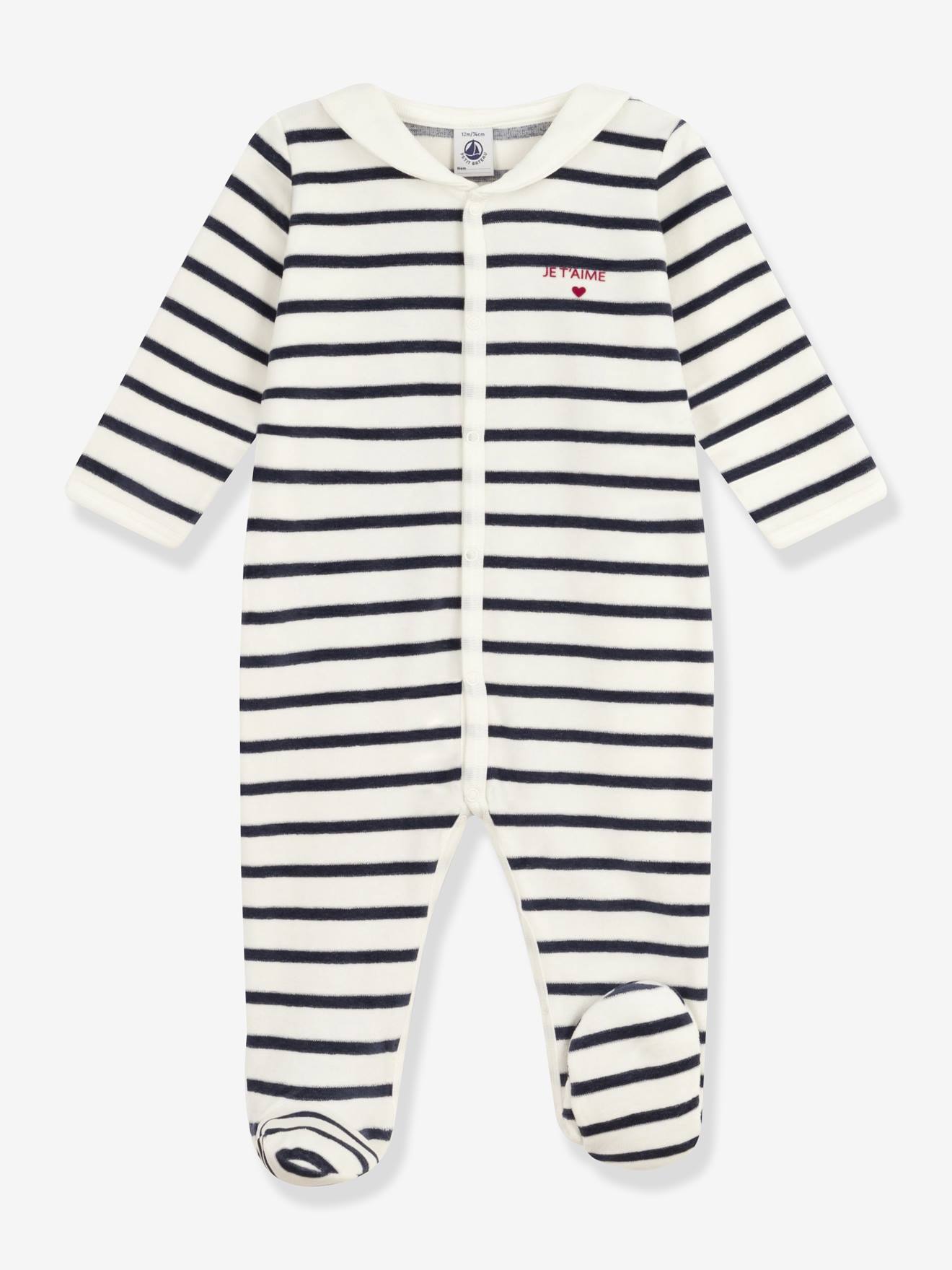 Gemengde baby pyjama in fluweel / velours met PETIT BATEAU streepjesprint marineblauw afbeelding