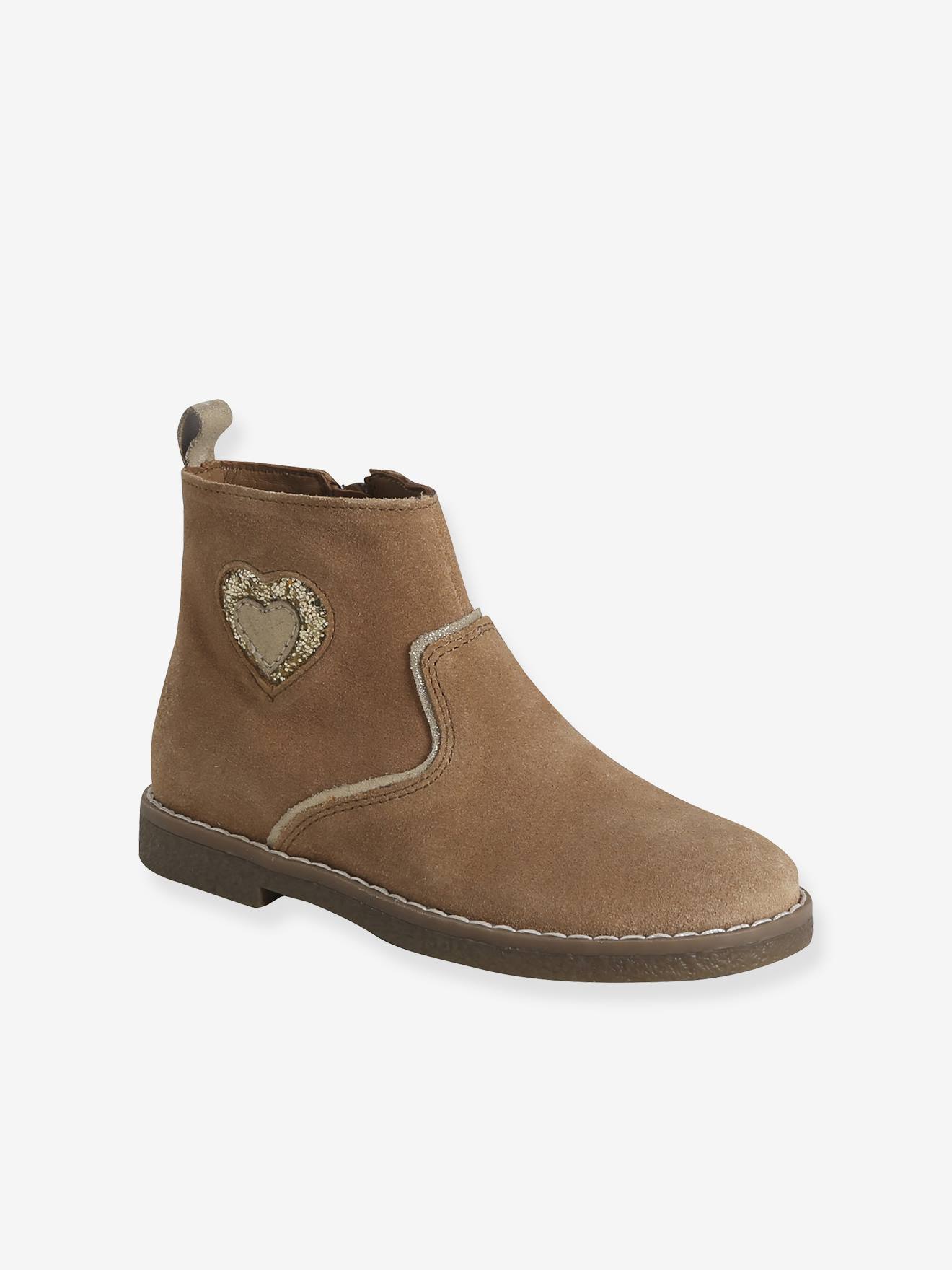 Leren boots voor meisjes en hartjes uit de VERTBAUDET kleutercollectie kameel afbeelding