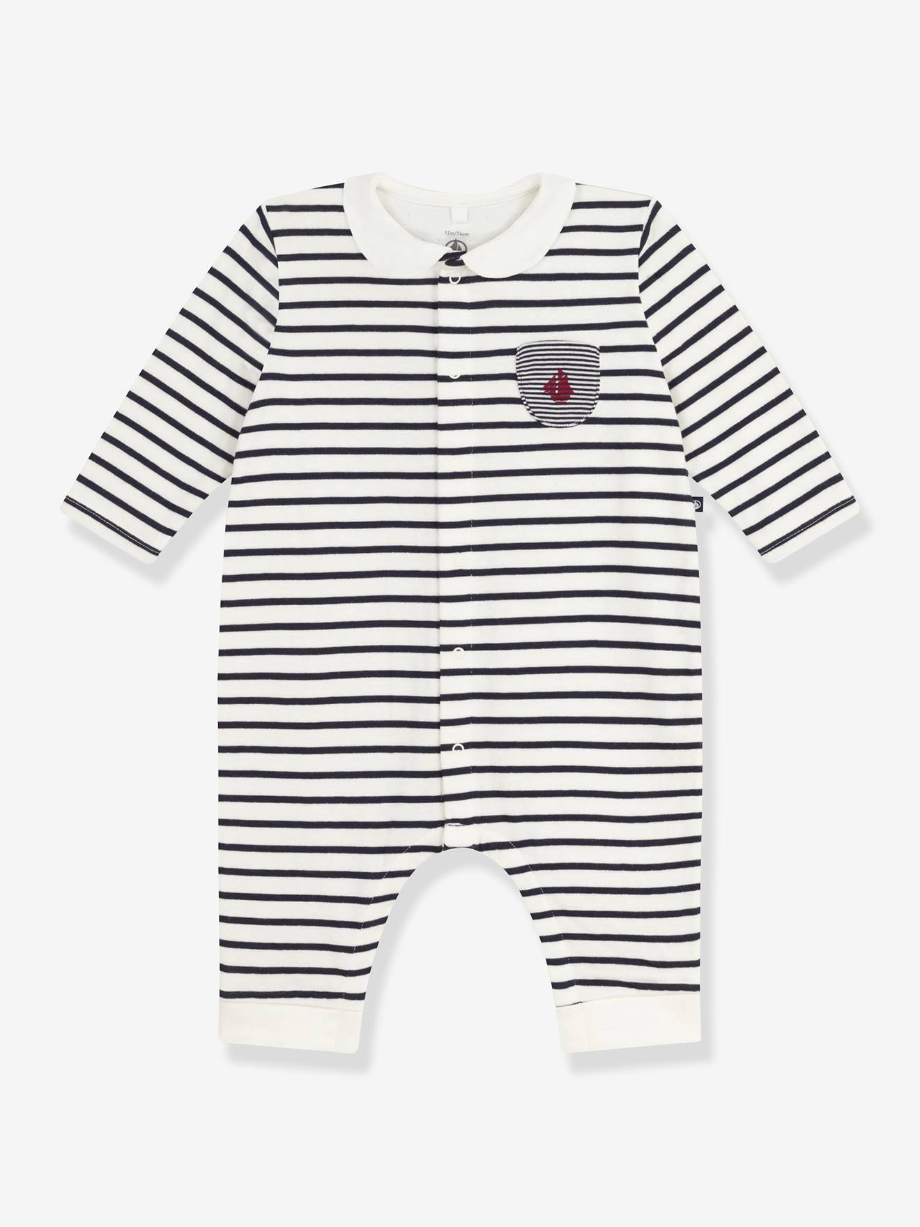 Lange jumpsuit met babykraag van katoen met zeemansstrepen marineblauw afbeelding