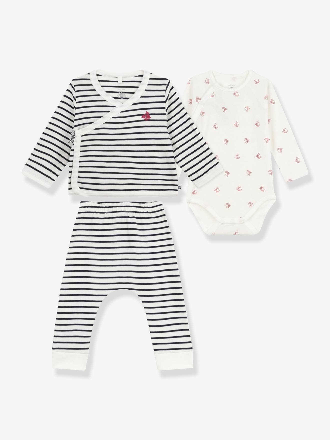 Babyset 3-delig voor baby's, gemengd, van katoen PETIT BATEAU marineblauw afbeelding