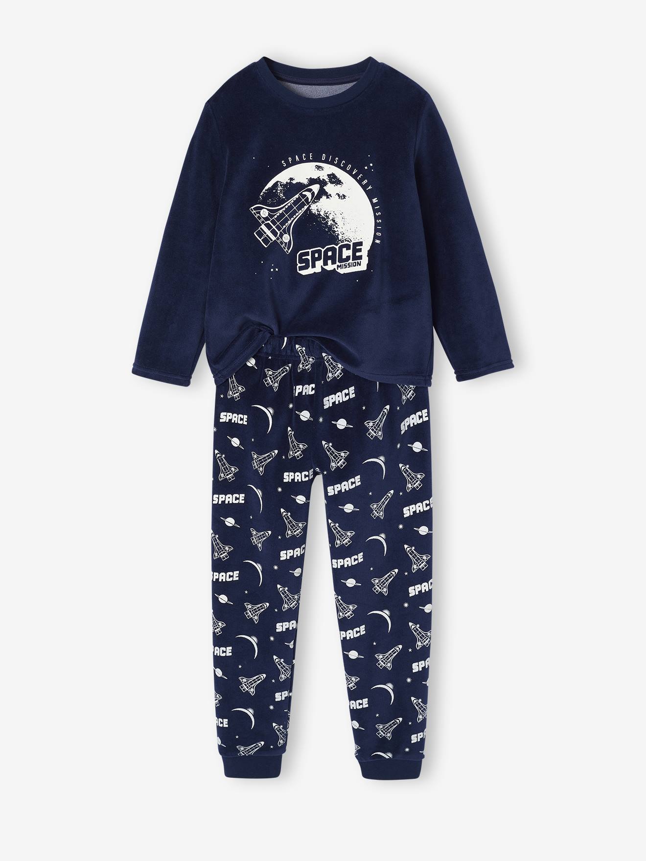 Pyjama fluweel / velours met raketprint voor jongens marineblauw afbeelding