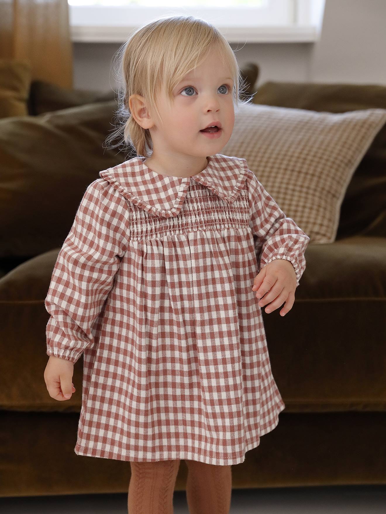 Babyjurk in flanellen ruitjesmotief terracotta afbeelding