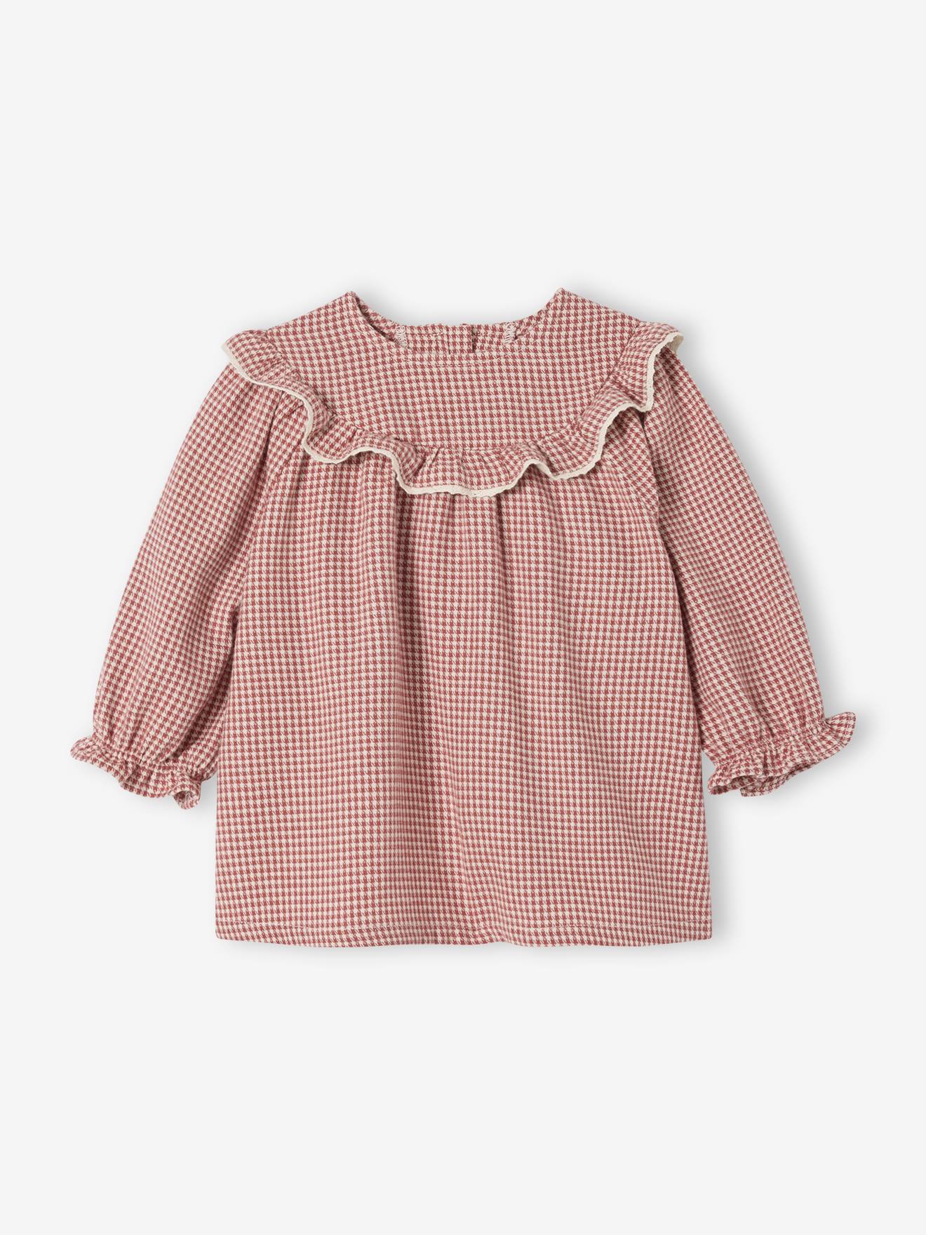 Flanellen babyjurk met vichyruiten ecru afbeelding