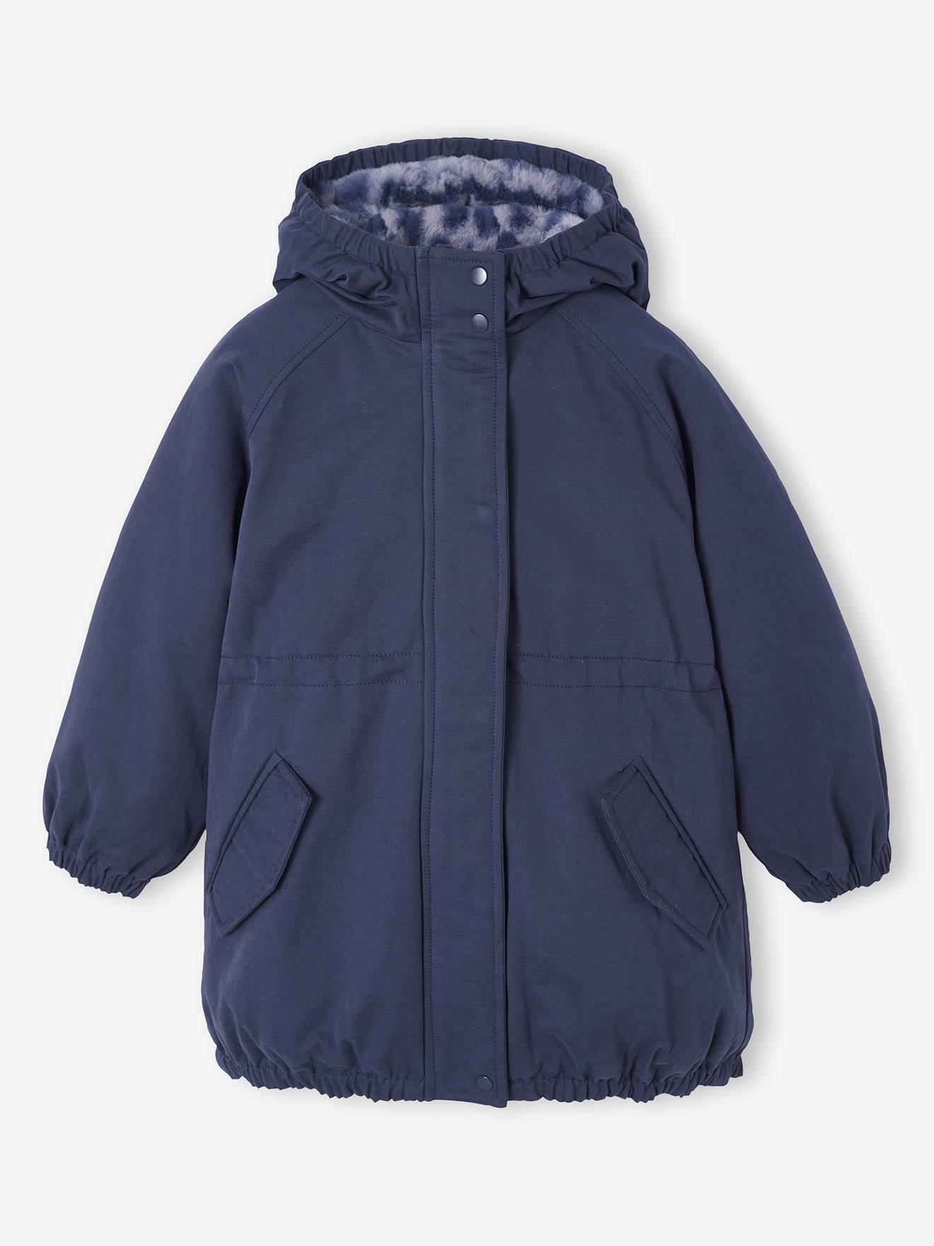 Meisjesparka met capuchon gevoerd met imitatiebont marineblauw afbeelding
