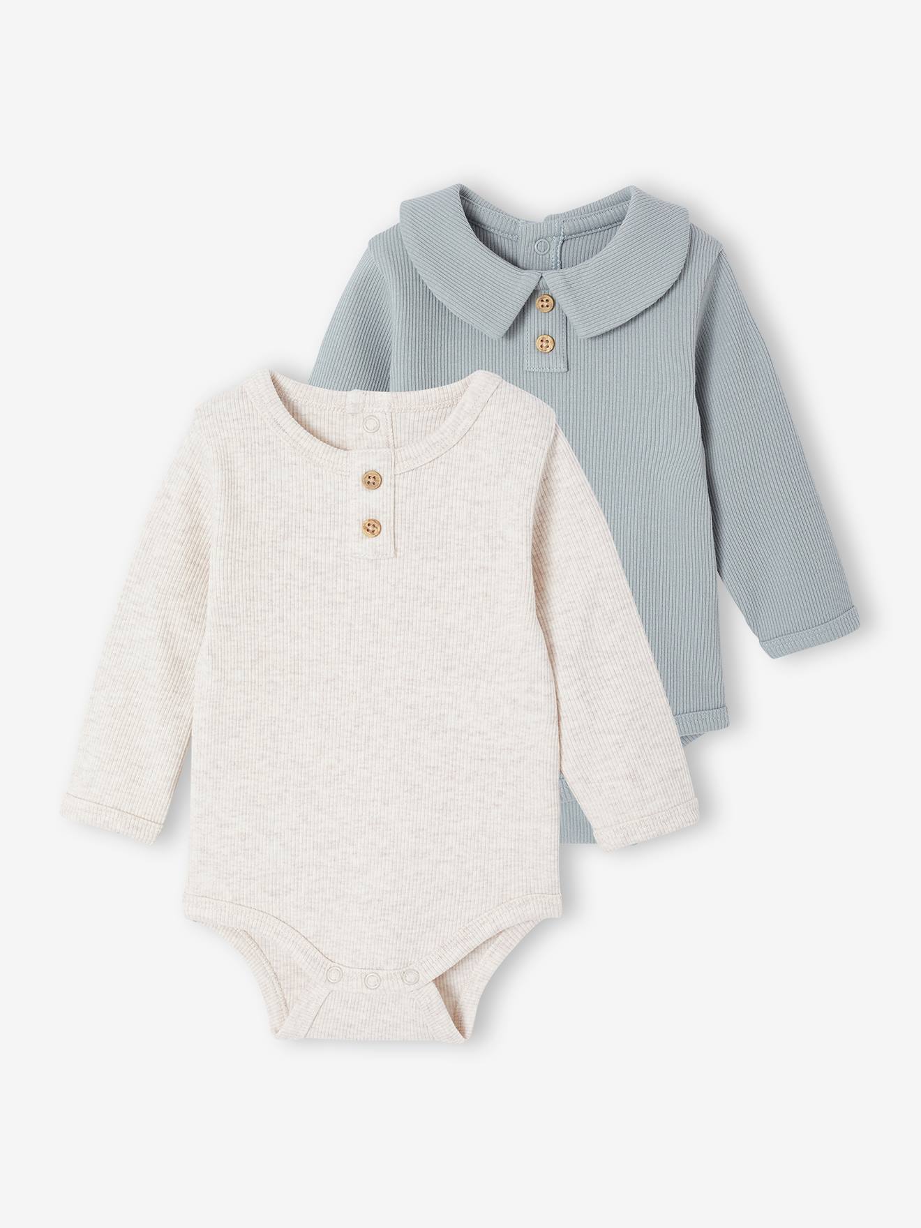 Set van 2 body's voor pasgeborenen met overhemdkraag en tuniekkraag gemêleerd beige afbeelding