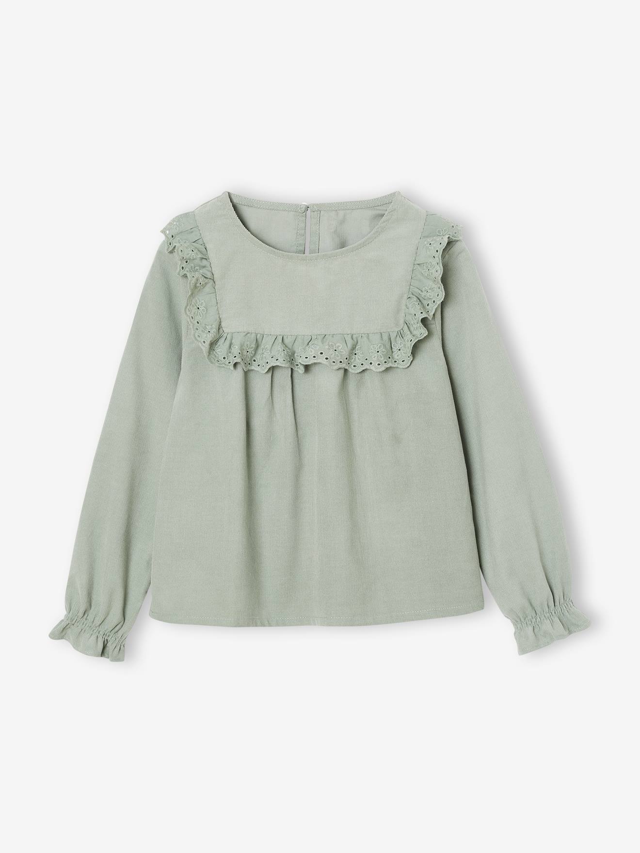 Fluwelen meisjesblouse met ruches en Engels borduursel groengrijs afbeelding
