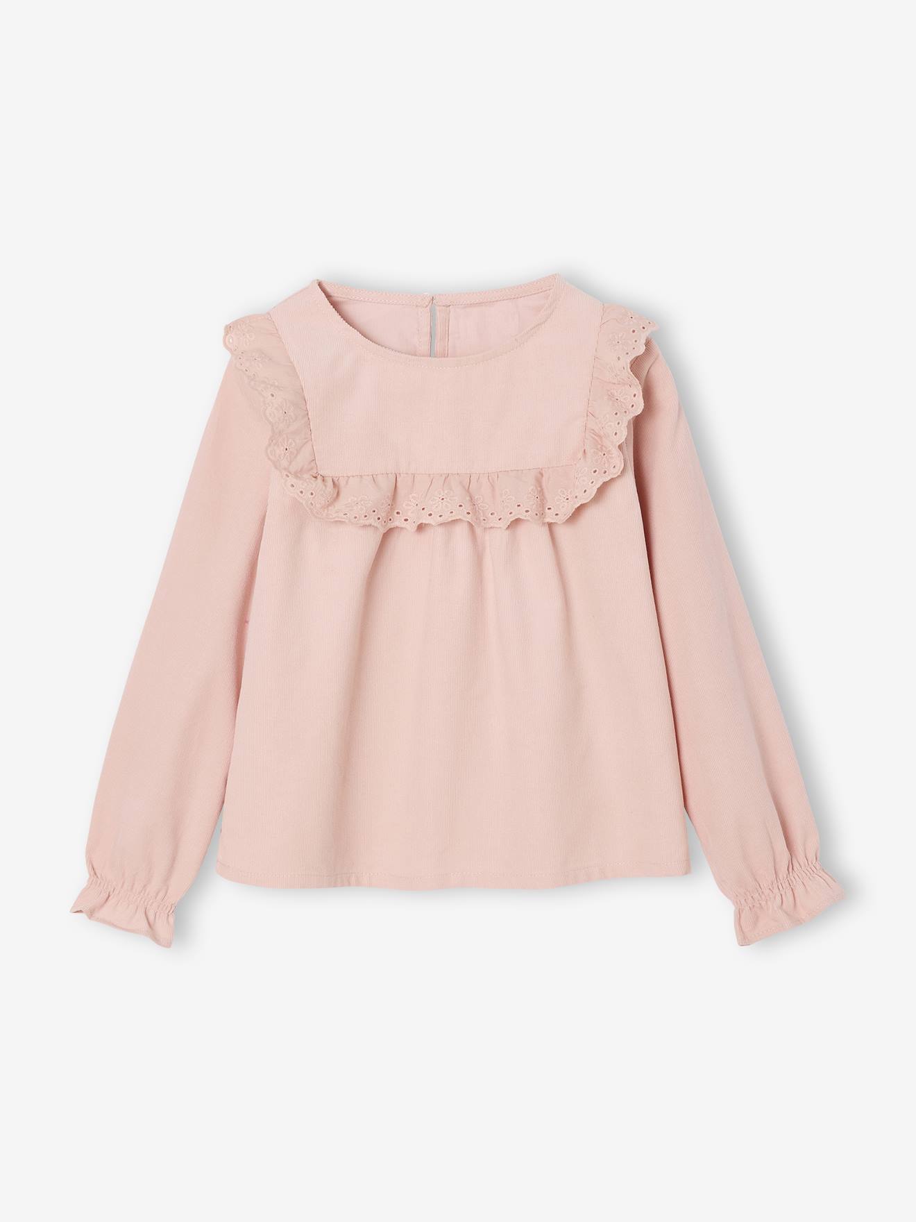 Fluwelen meisjesblouse met ruches en Engels borduursel roze (poederkleur) afbeelding