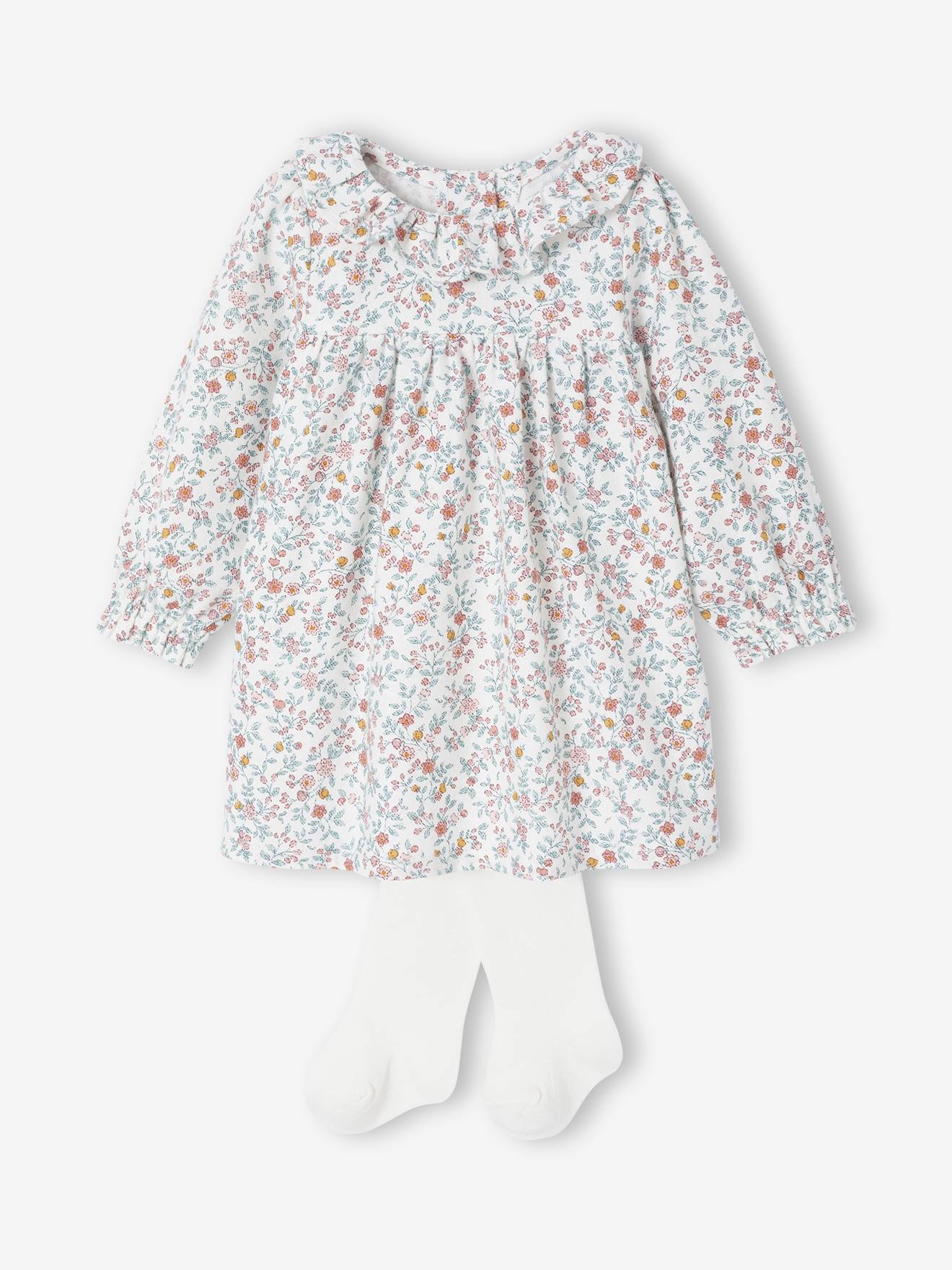 Babypakje met jurk met bloemenprint + panty's ecru afbeelding