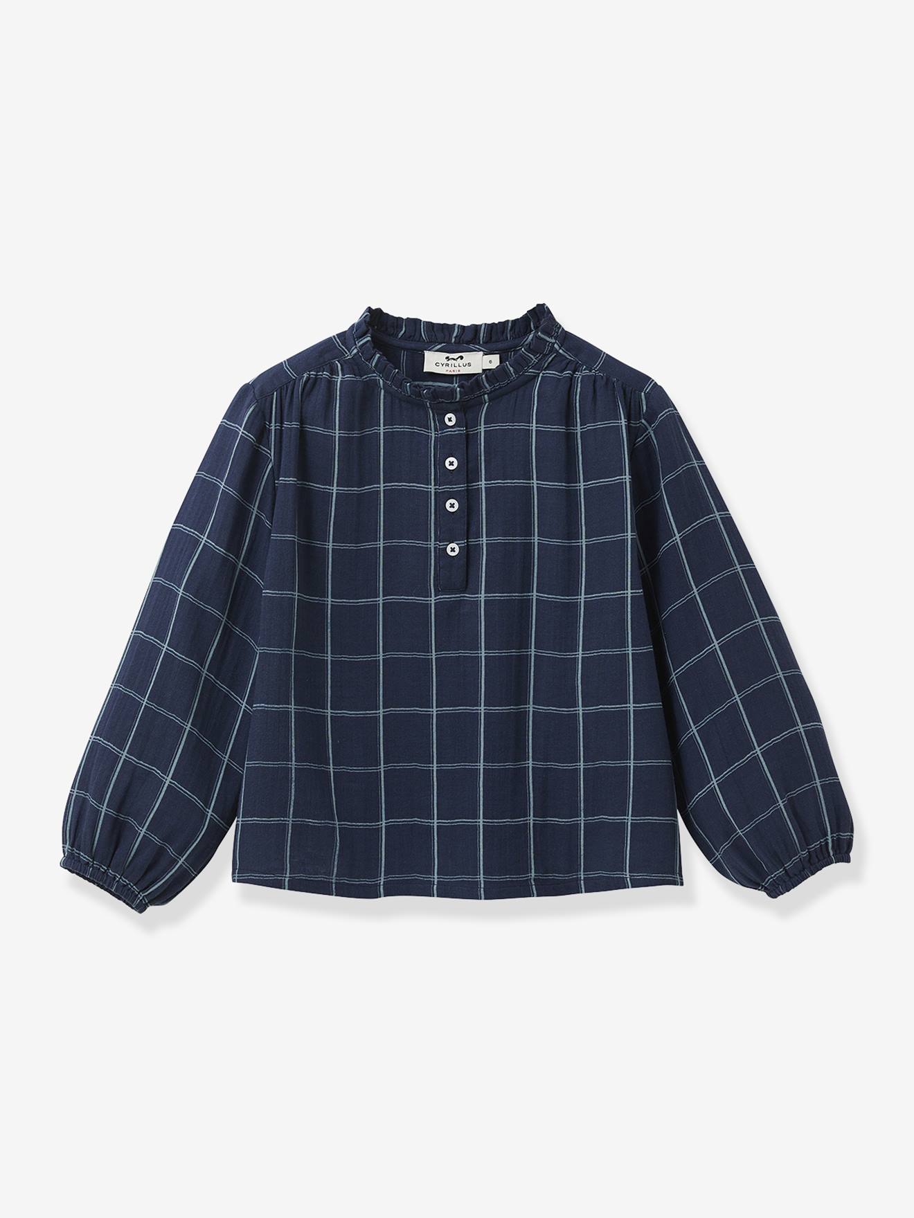 Blouse van katoenen gaas voor meisjes CYRILLUS marineblauw