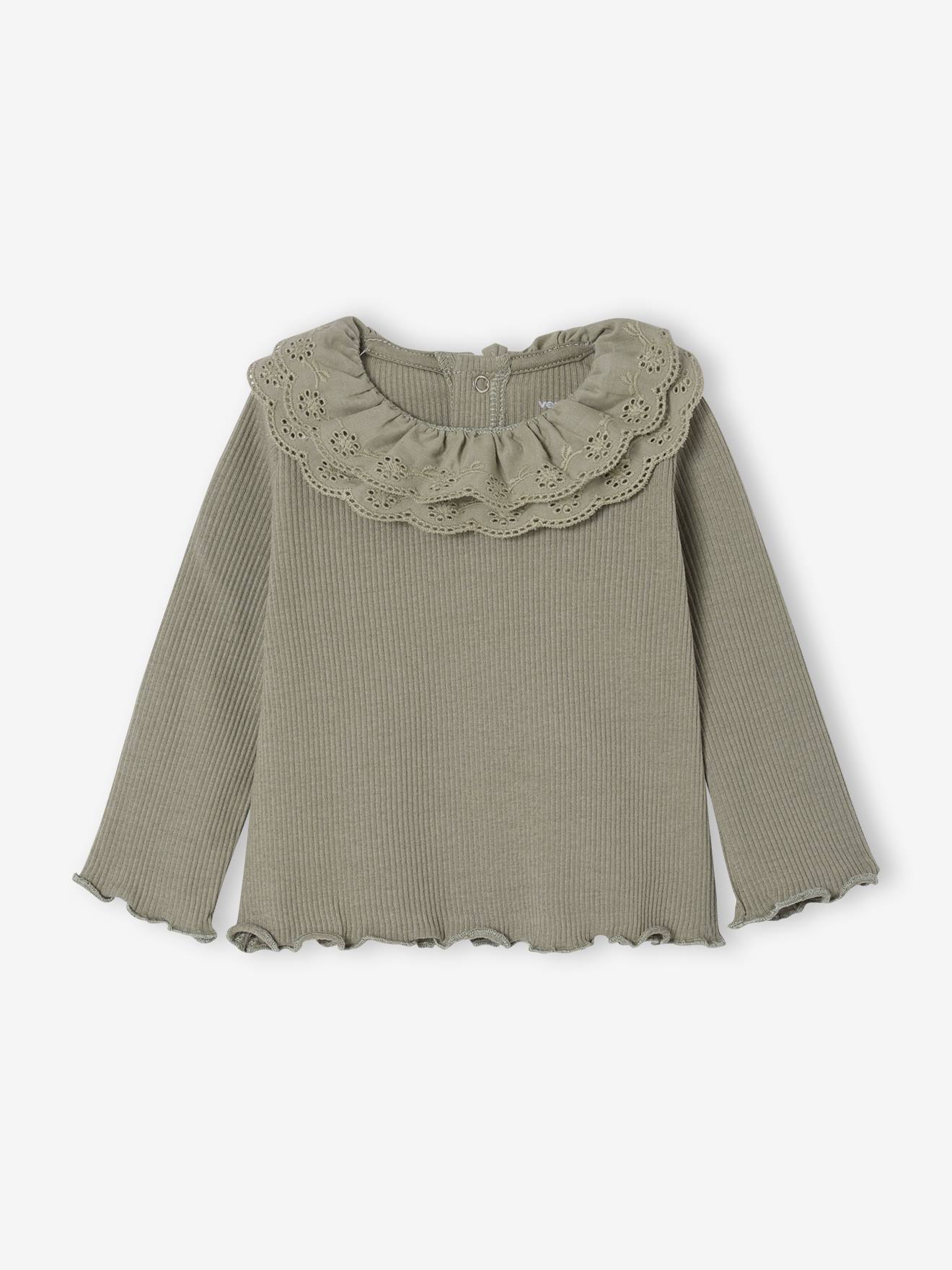 T-shirt baby met lange mouwen en geborduurde kraag kaki afbeelding
