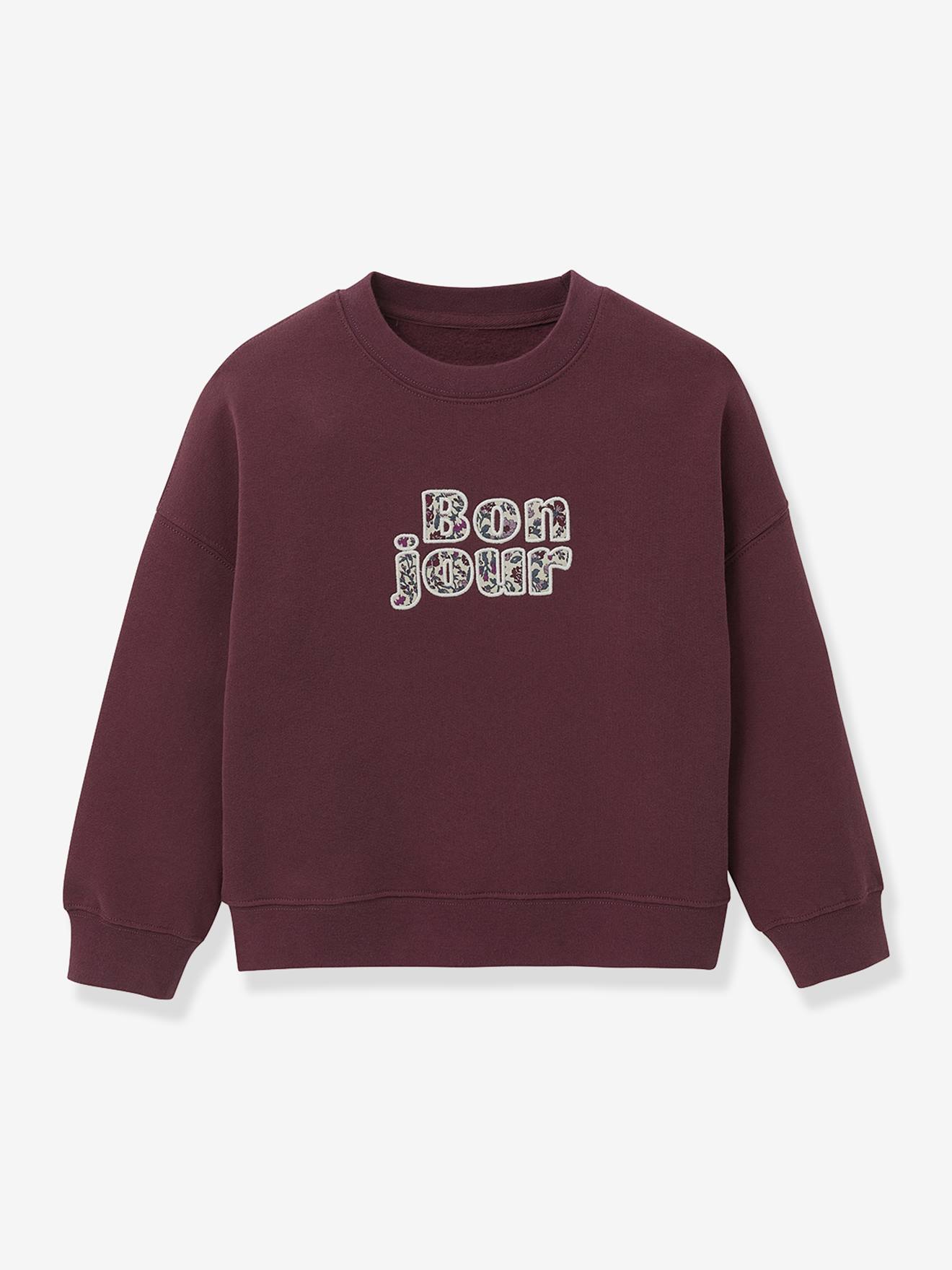 Meisjes sweater met boodschap van biologisch katoen CYRILLUS bordeauxrood afbeelding