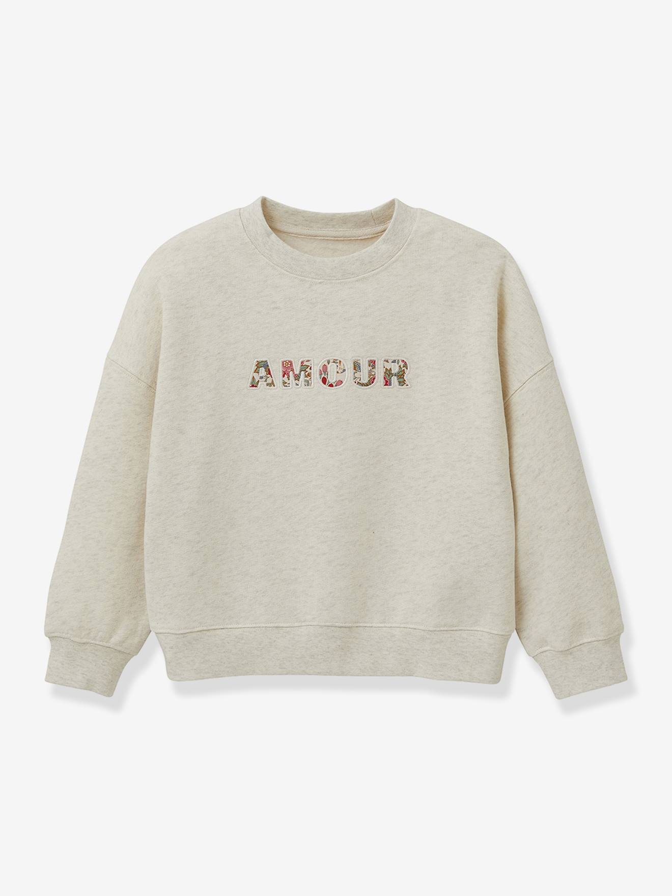 Sweater voor meisjes met letters in Liberty stof van biologisch katoen CYRILLUS beige afbeelding