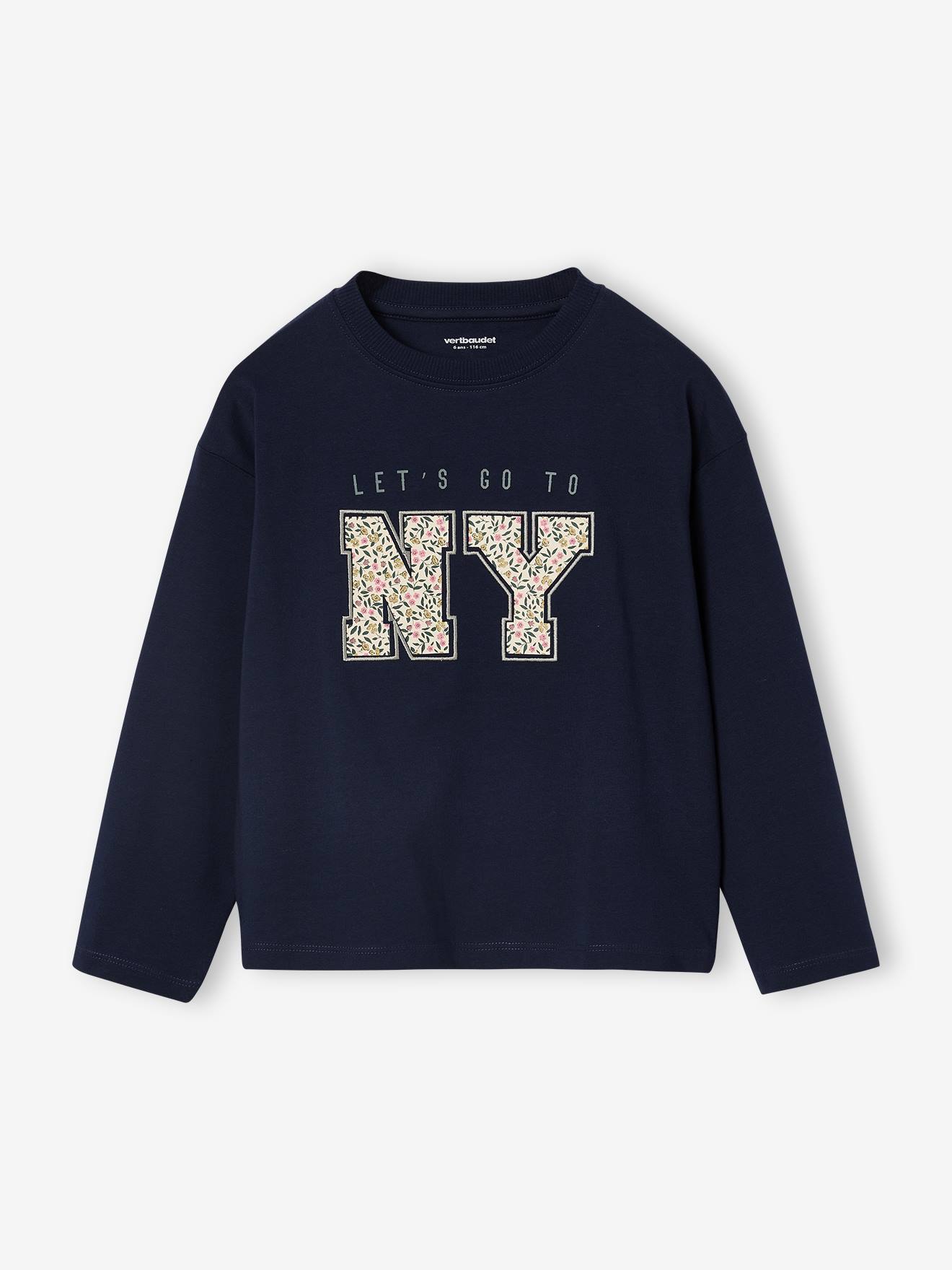 T-shirt met lange mouwen en letters voor meisjes marineblauw afbeelding