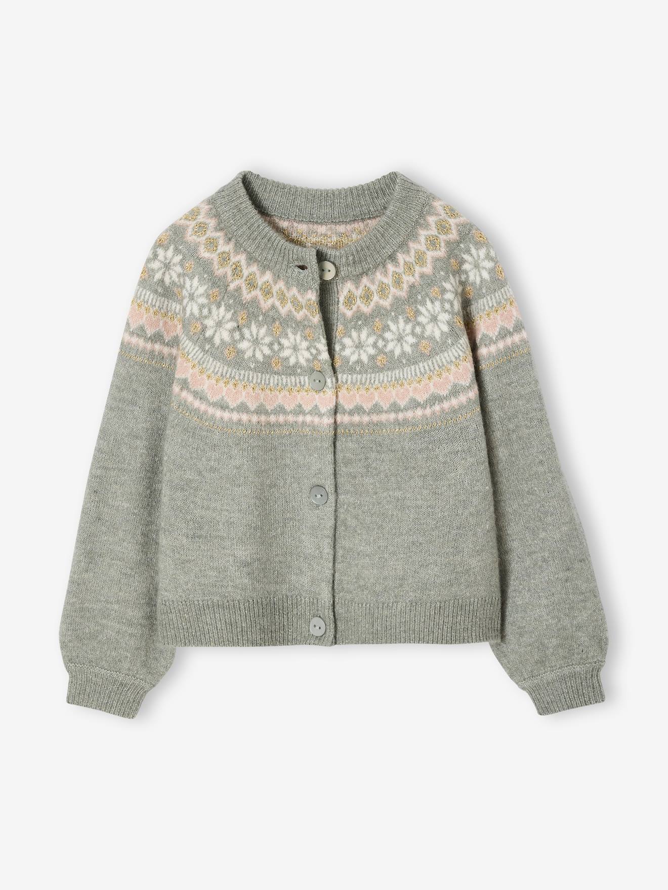 Jacquard meisjesvest met fantasiebreiwerk van glimmende draad groengrijs afbeelding