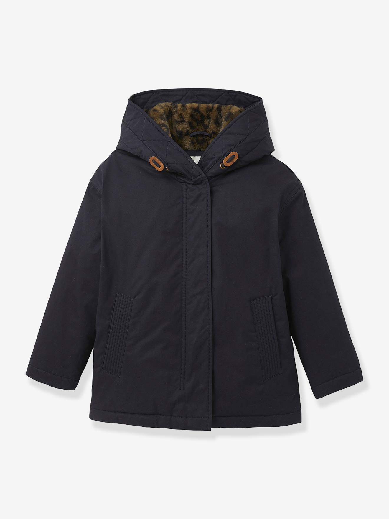 Korte parka voor meisjes met luipaardvoering CYRILLUS inktblauw afbeelding