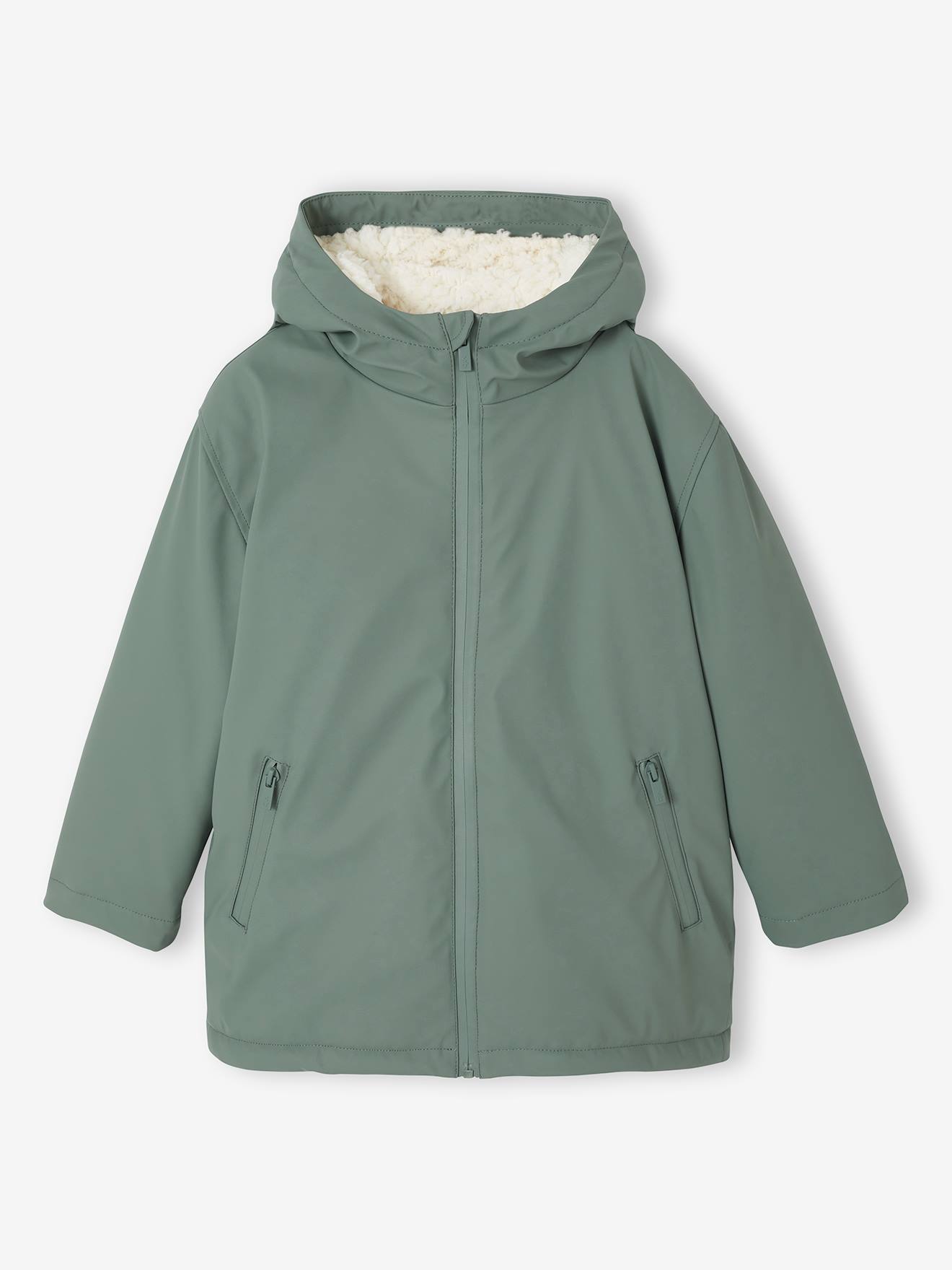 Regenjas met capuchon voor jongens en sherpa voering saliegroen afbeelding