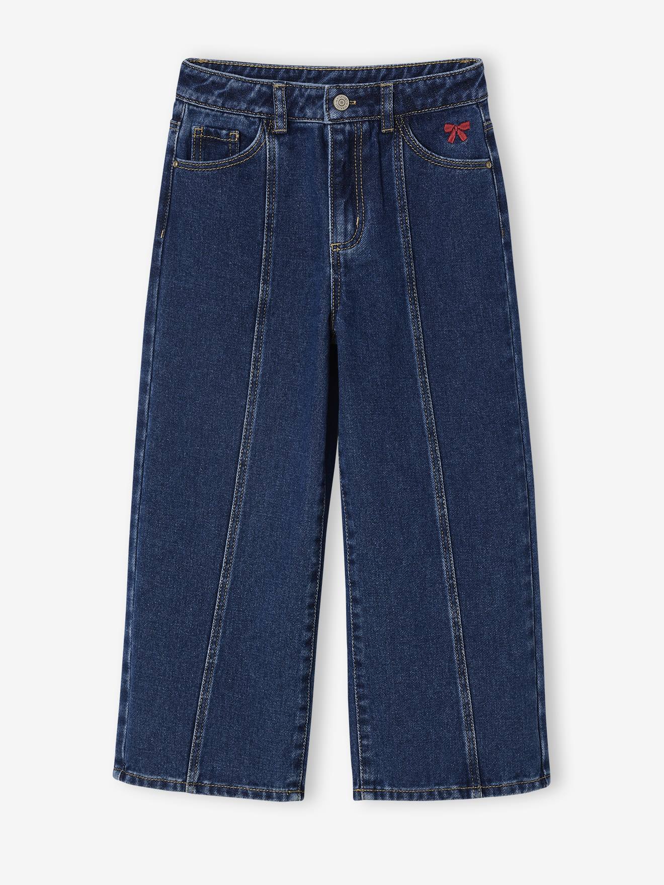 Wijde jeans met stiksel aan de voorkant voor meisjes middenblauw afbeelding