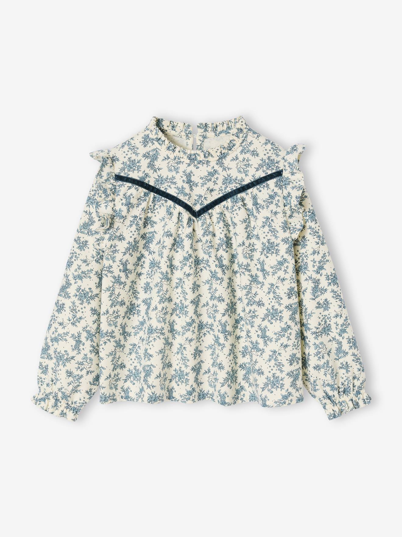Blouse met ruches en bloemenmotieven voor meisjes ecru afbeelding