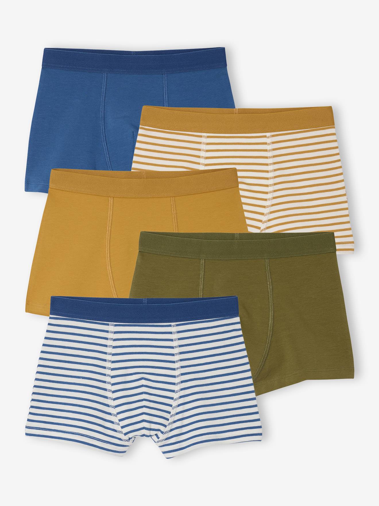 Set van 5 boxershorts voor jongens, effen en gestreept meerkleurig afbeelding