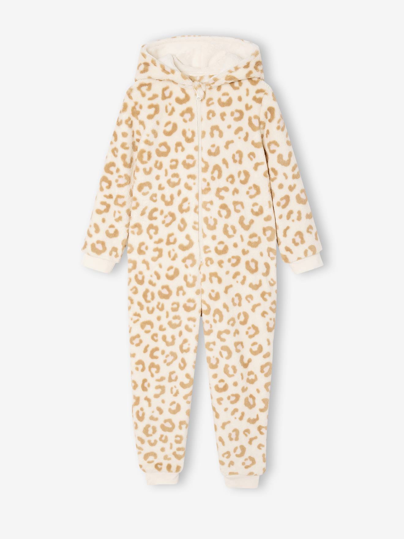 Meisjespyjama jumpsuit met luipaardprint van sherpa beige afbeelding