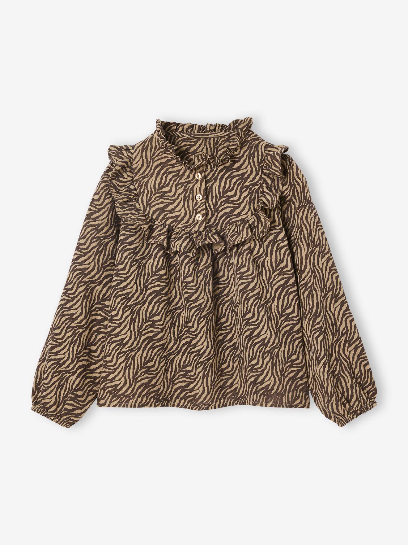 Blouse van katoengaas met zebraprint voor meisjes chocoladebruin afbeelding