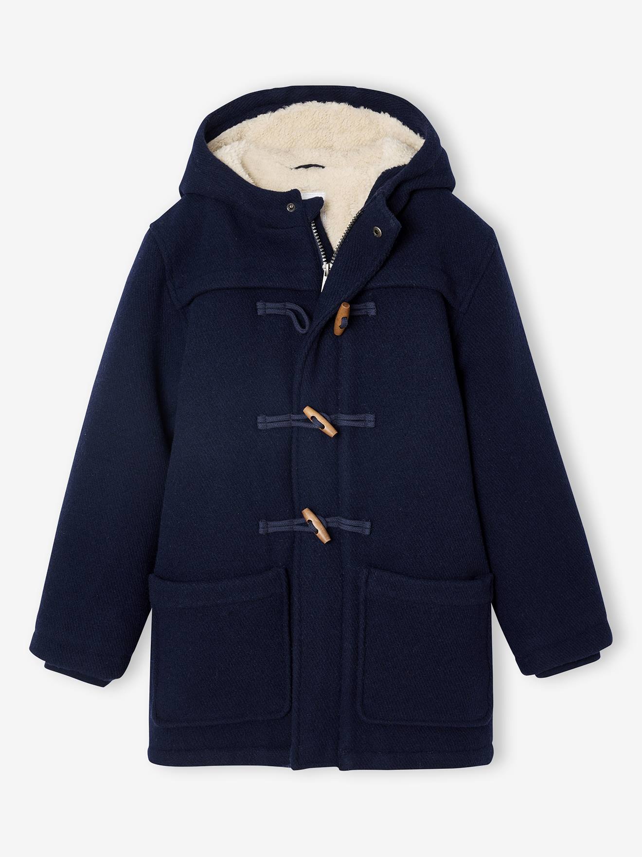 Dufflejas voor jongens van wollen stof met sherpavoering marineblauw afbeelding